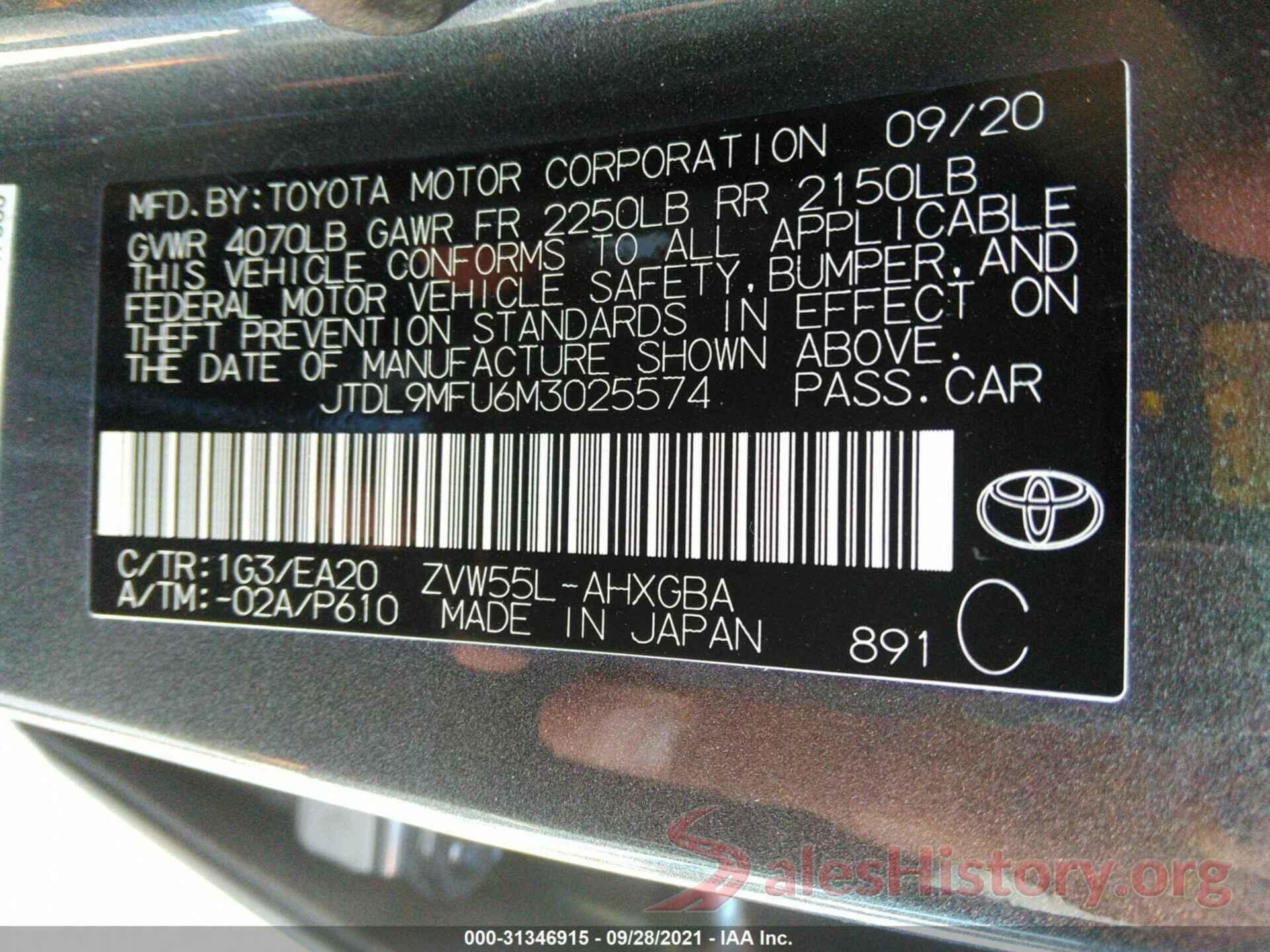 JTDL9MFU6M3025574 2021 TOYOTA PRIUS