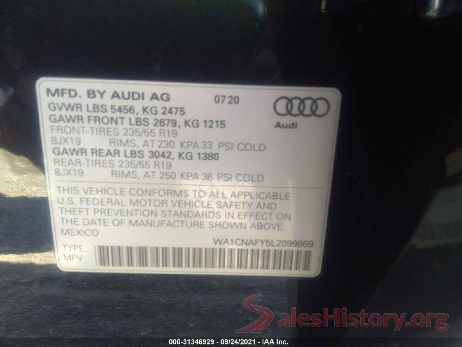 WA1CNAFY5L2099869 2020 AUDI Q5