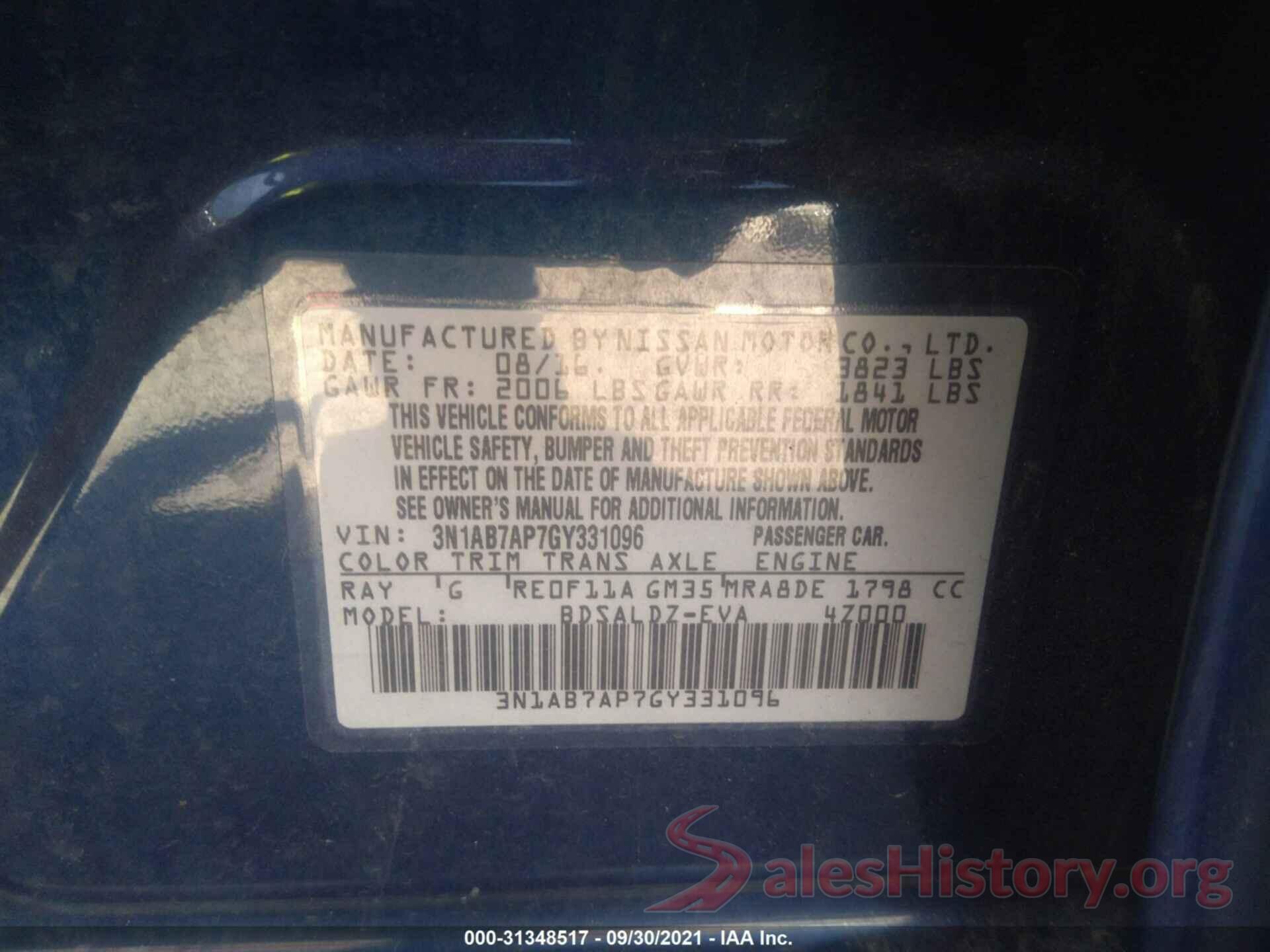 3N1AB7AP7GY331096 2016 NISSAN SENTRA