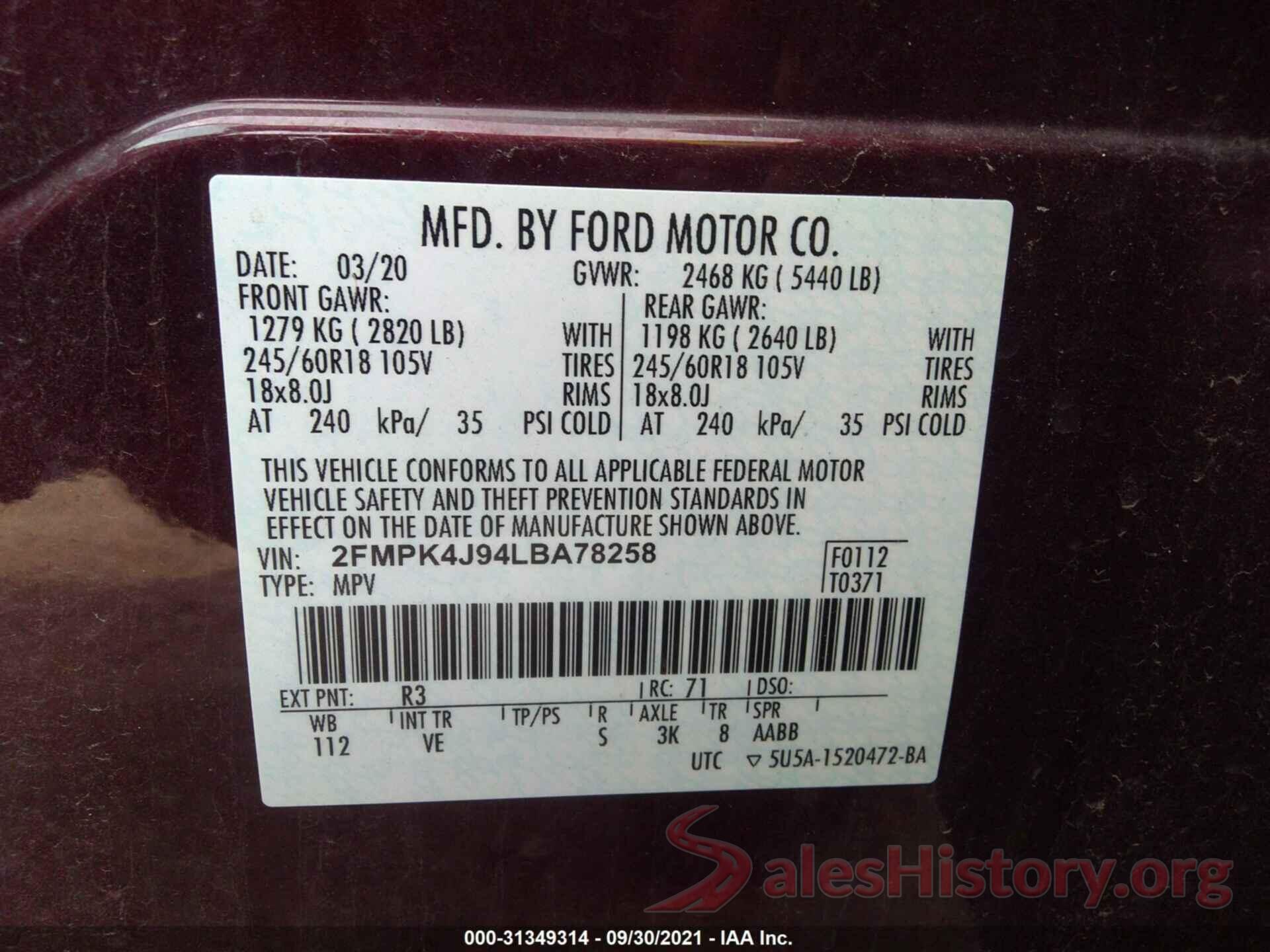 2FMPK4J94LBA78258 2020 FORD EDGE