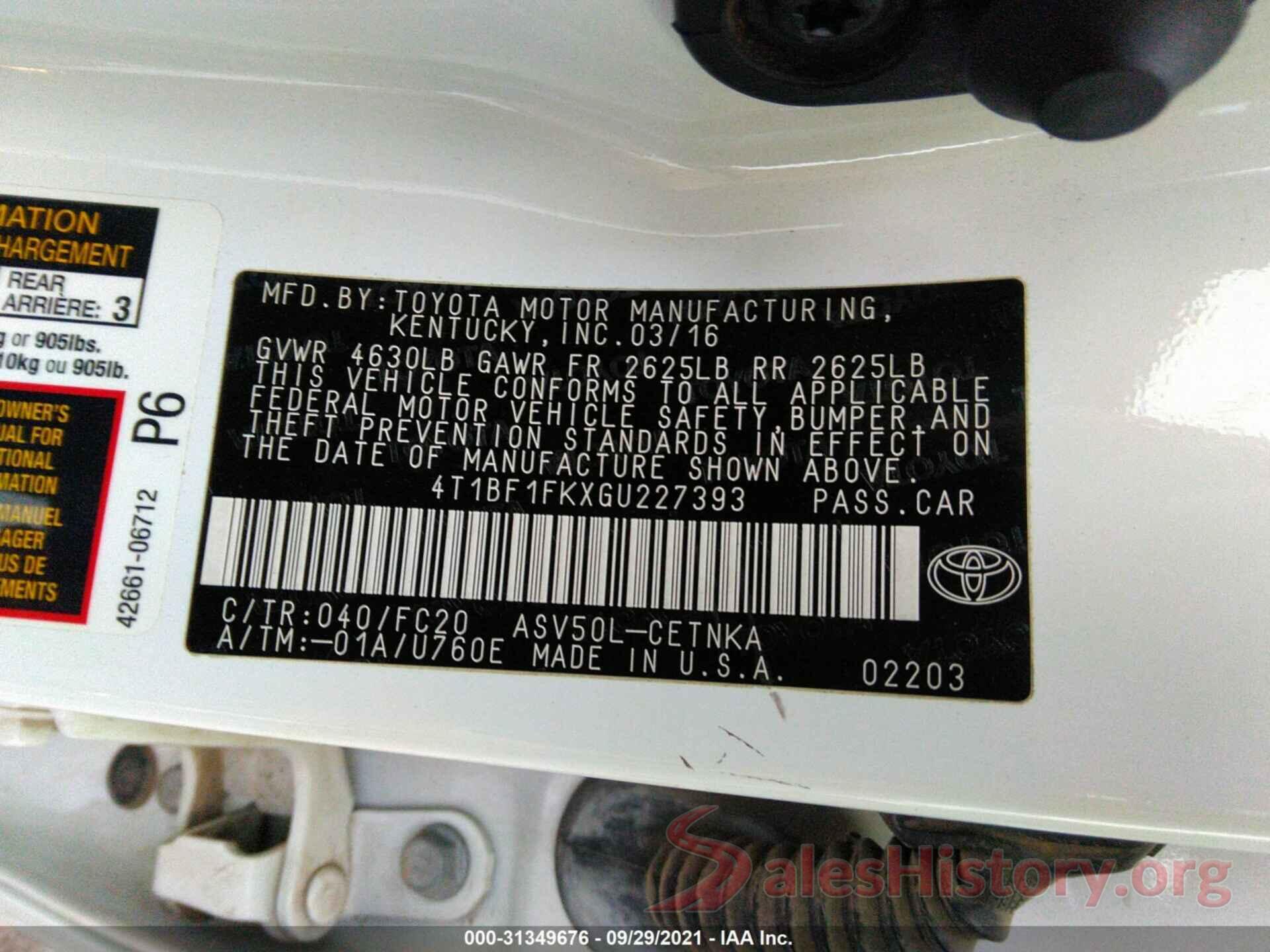 4T1BF1FKXGU227393 2016 TOYOTA CAMRY