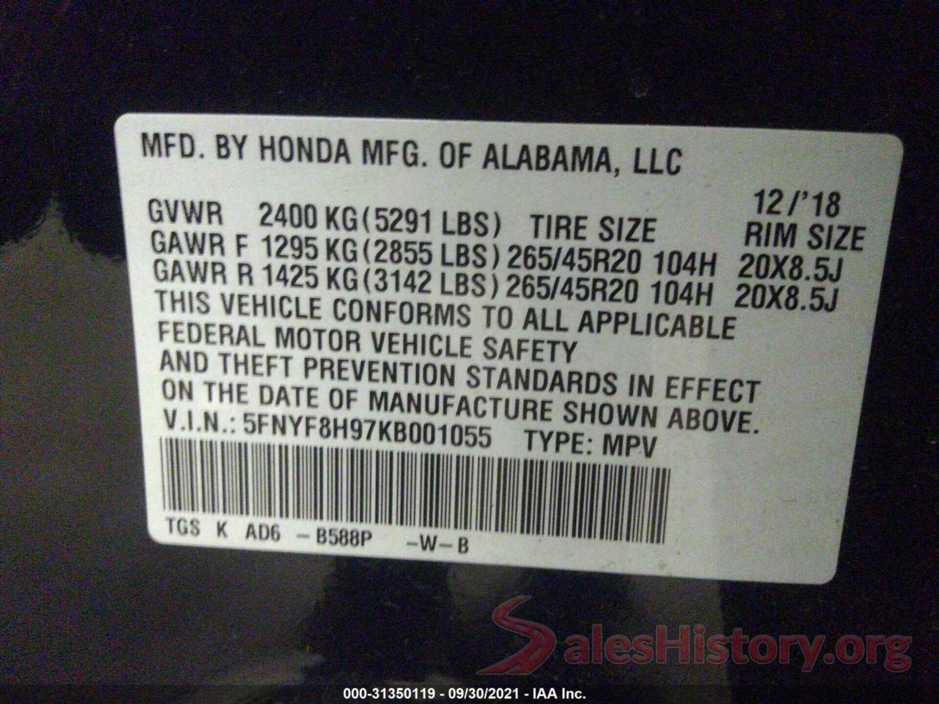 5FNYF8H97KB001055 2019 HONDA PASSPORT