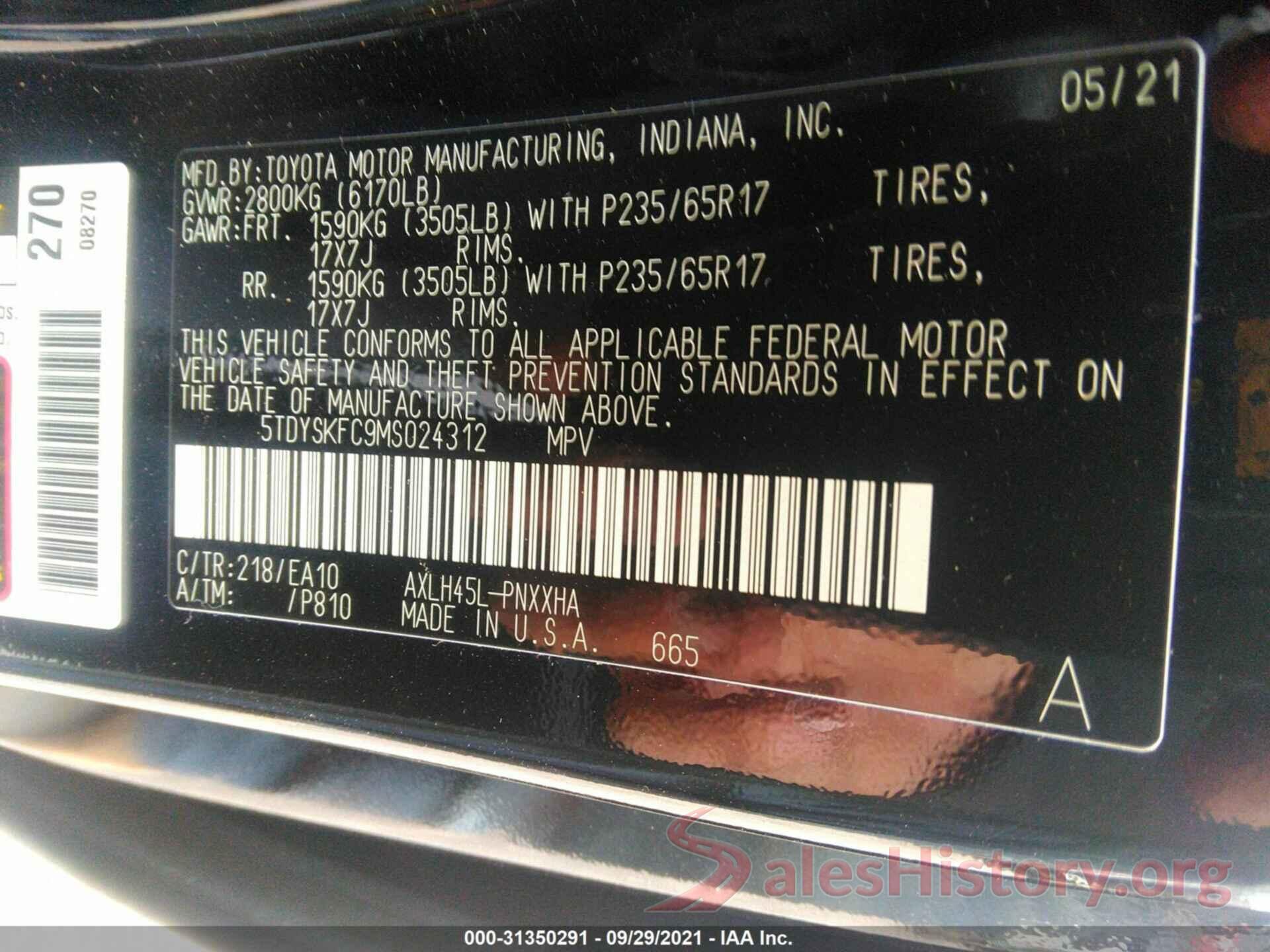 5TDYSKFC9MS024312 2021 TOYOTA SIENNA