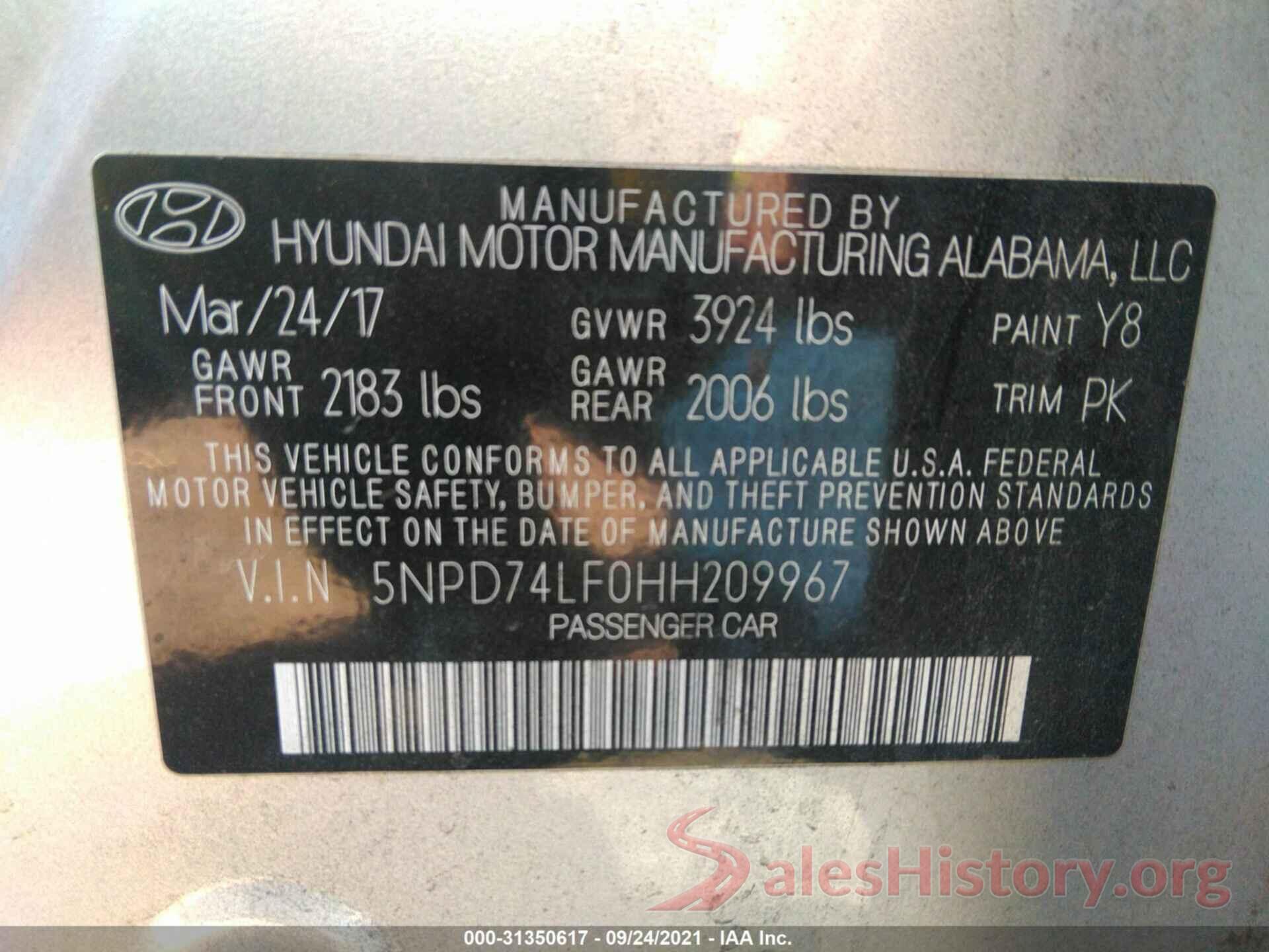 5NPD74LF0HH209967 2017 HYUNDAI ELANTRA