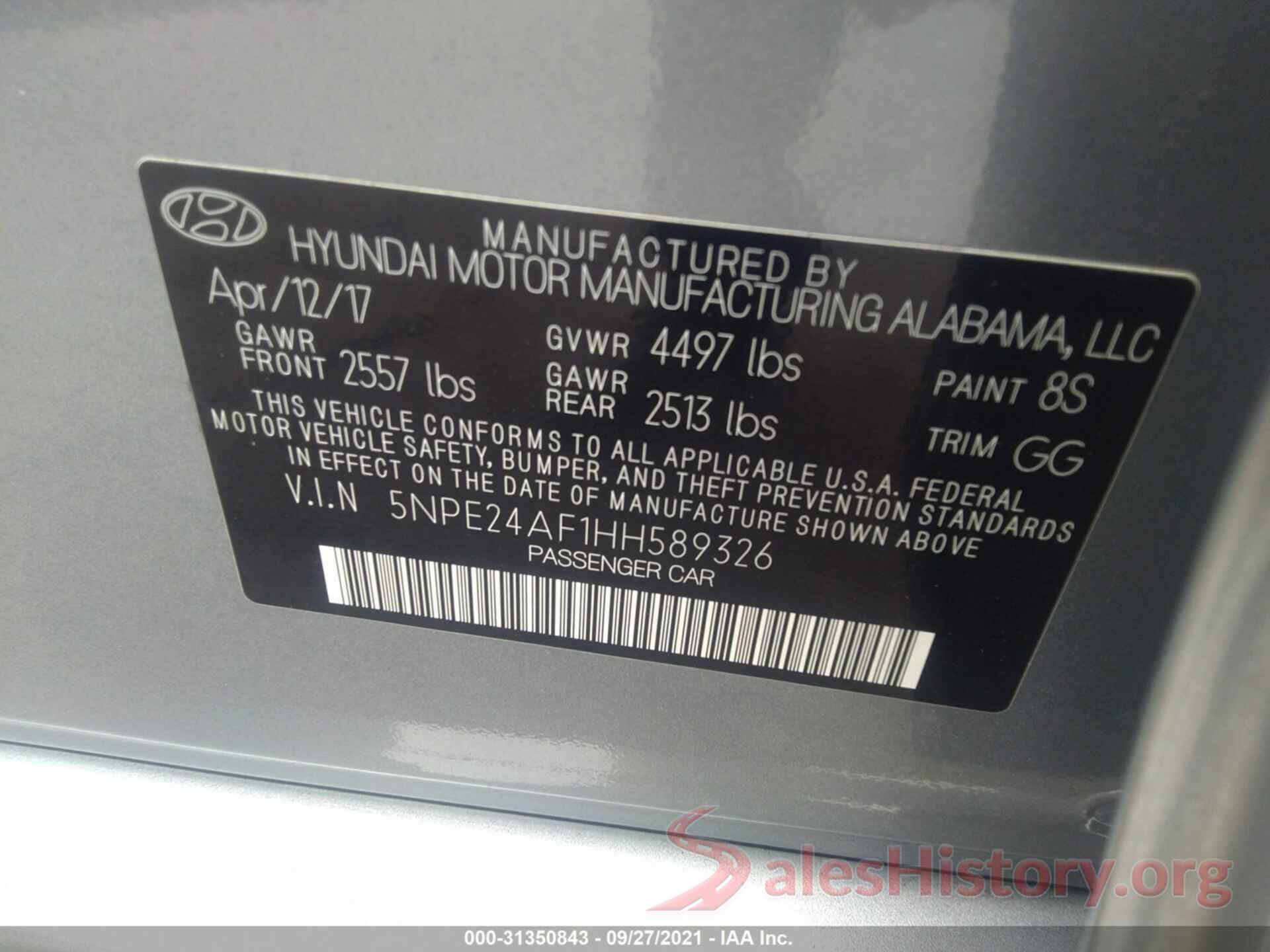 5NPE24AF1HH589326 2017 HYUNDAI SONATA