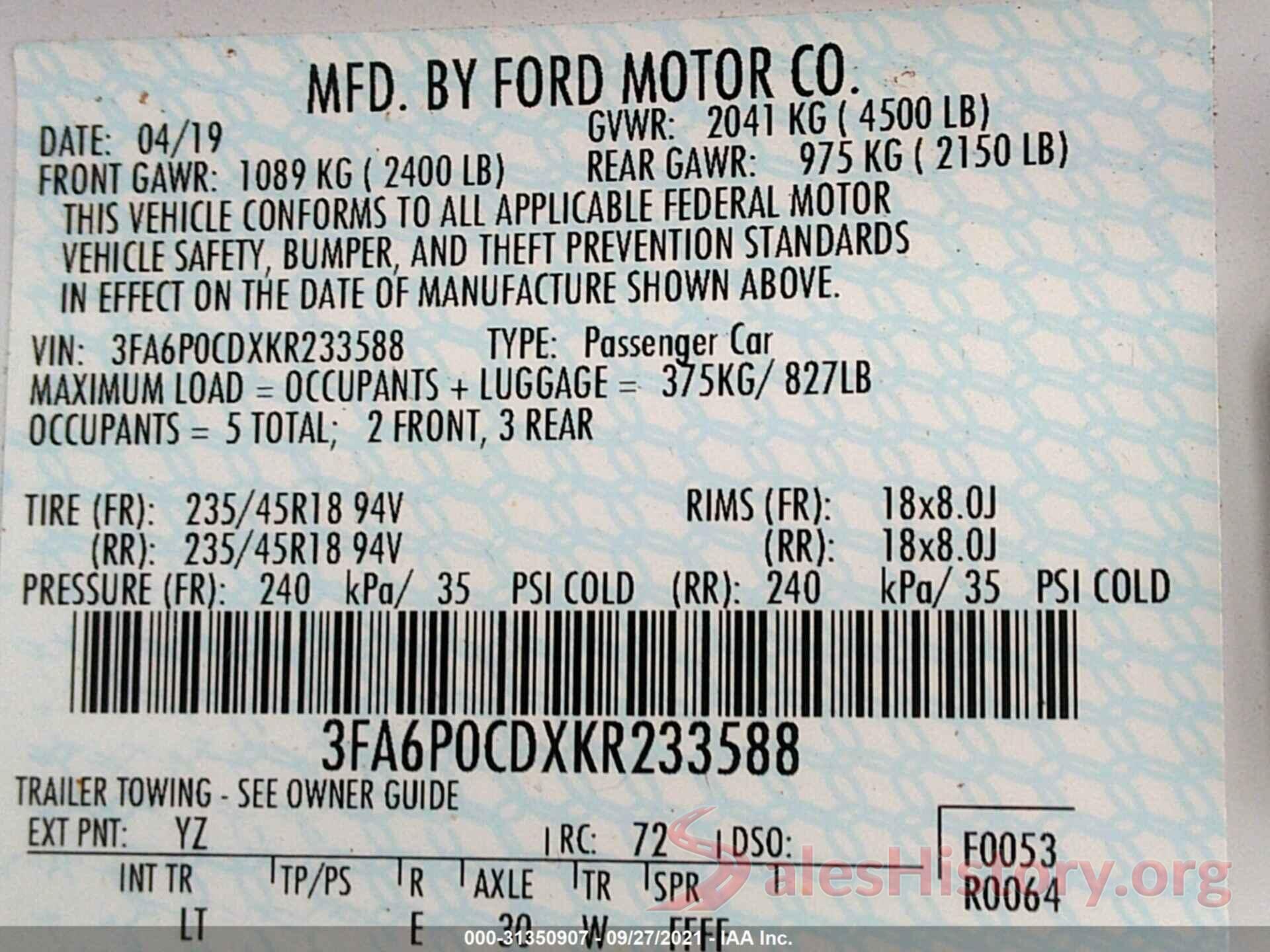 3FA6P0CDXKR233588 2019 FORD FUSION