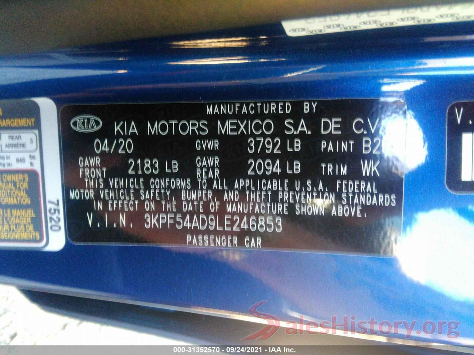 3KPF54AD9LE246853 2020 KIA FORTE