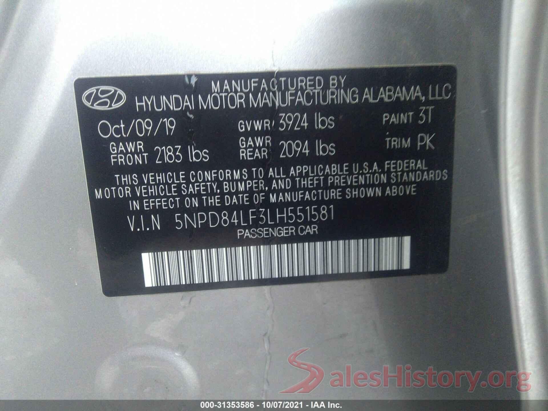 5NPD84LF3LH551581 2020 HYUNDAI ELANTRA