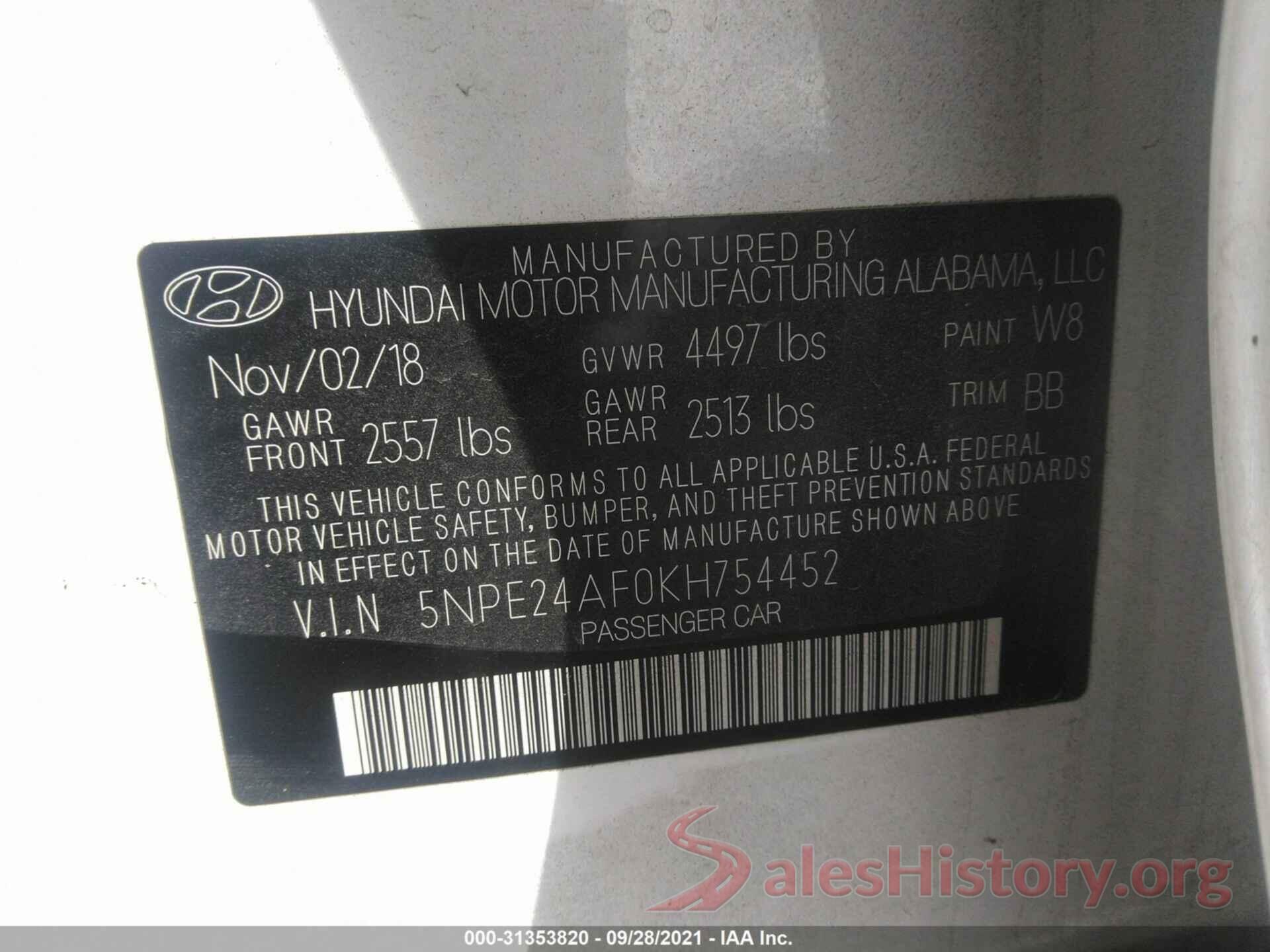 5NPE24AF0KH754452 2019 HYUNDAI SONATA