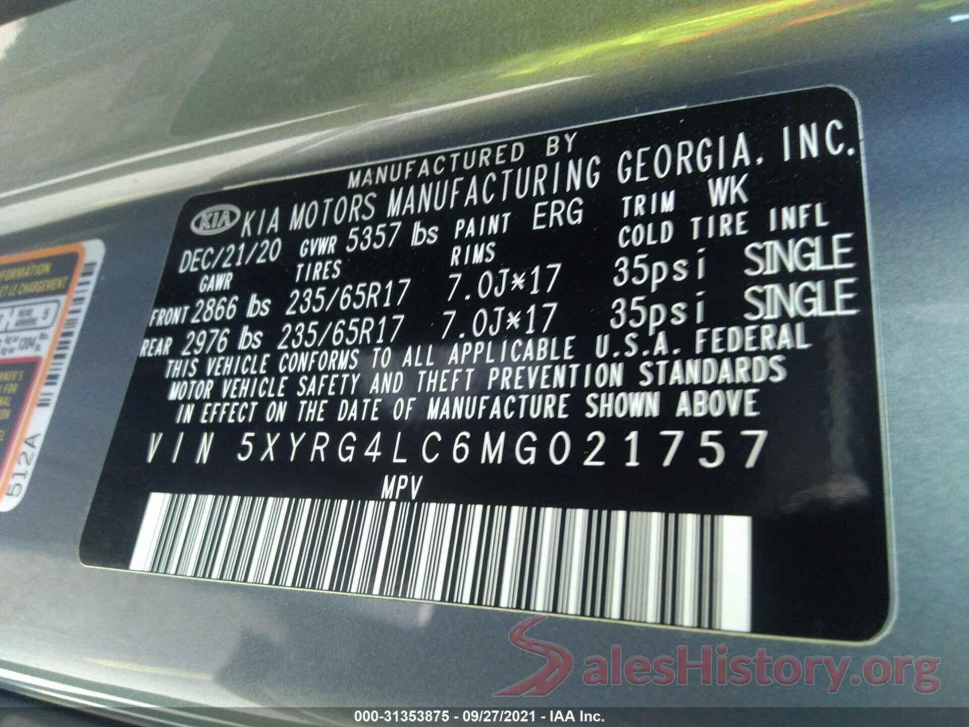 5XYRG4LC6MG021757 2021 KIA SORENTO