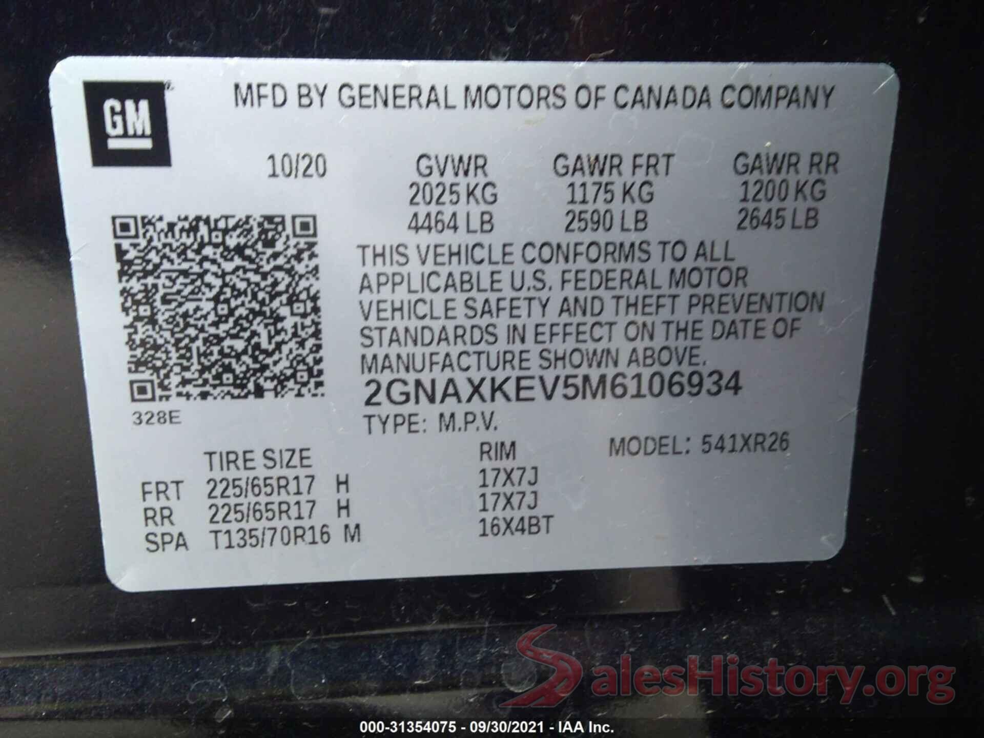 2GNAXKEV5M6106934 2021 CHEVROLET EQUINOX