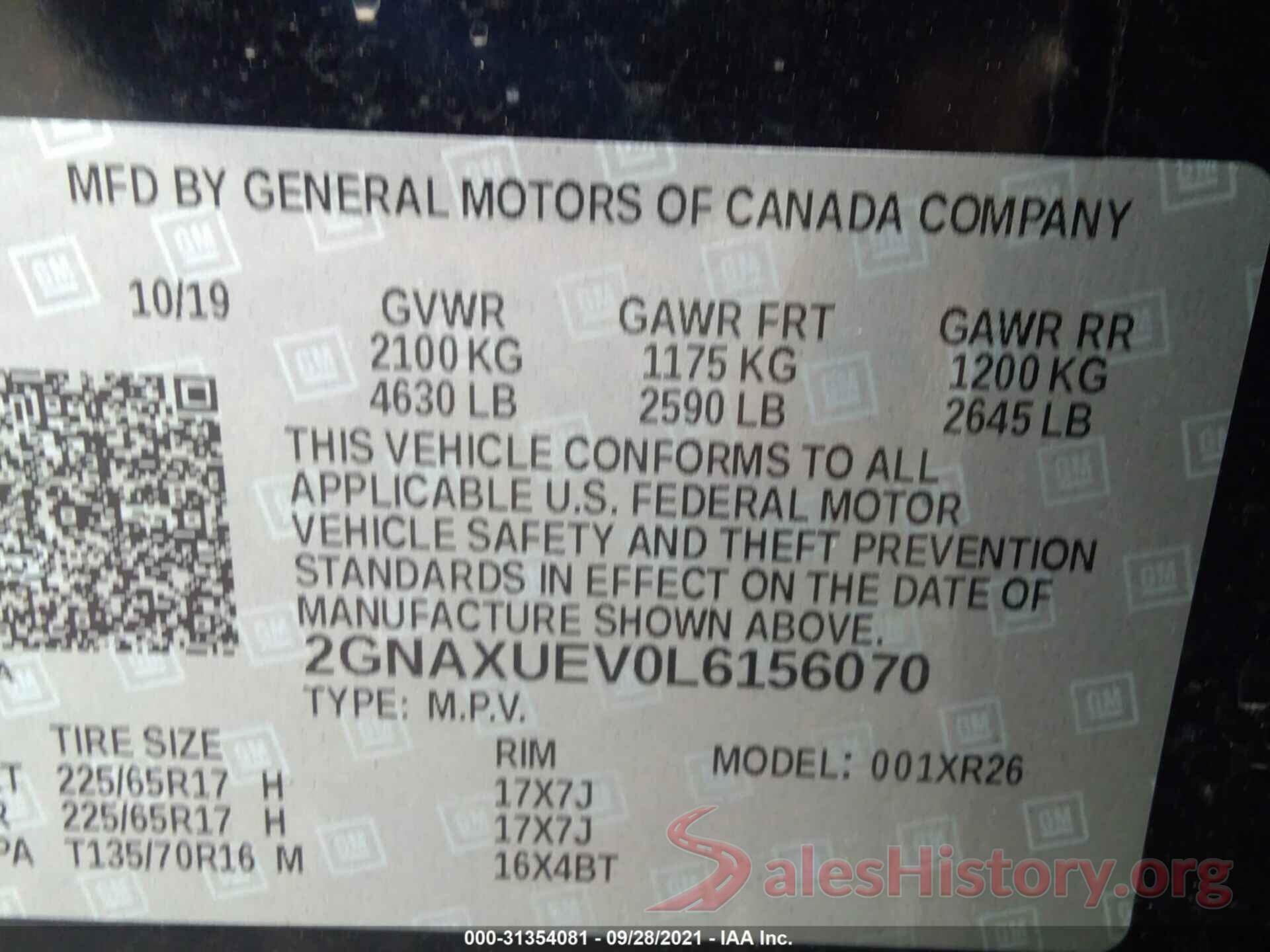 2GNAXUEV0L6156070 2020 CHEVROLET EQUINOX