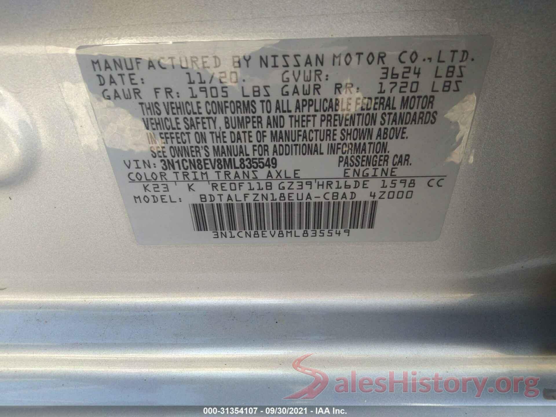 3N1CN8EV8ML835549 2021 NISSAN VERSA