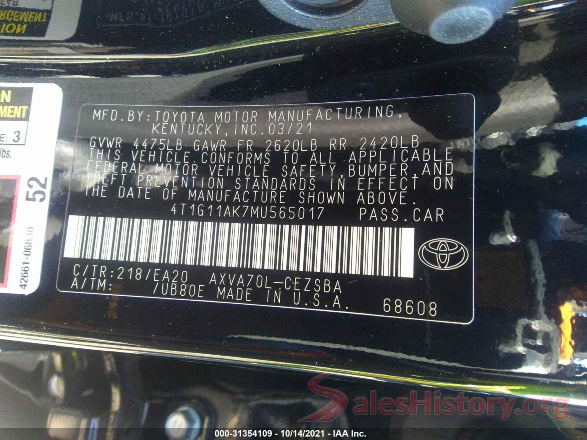 4T1G11AK7MU565017 2021 TOYOTA CAMRY