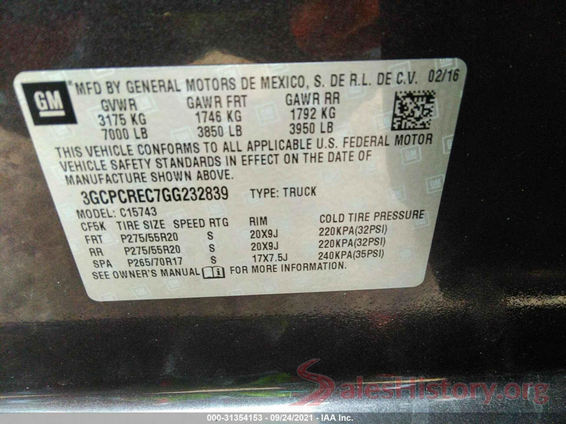 3GCPCREC7GG232839 2016 CHEVROLET SILVERADO 1500