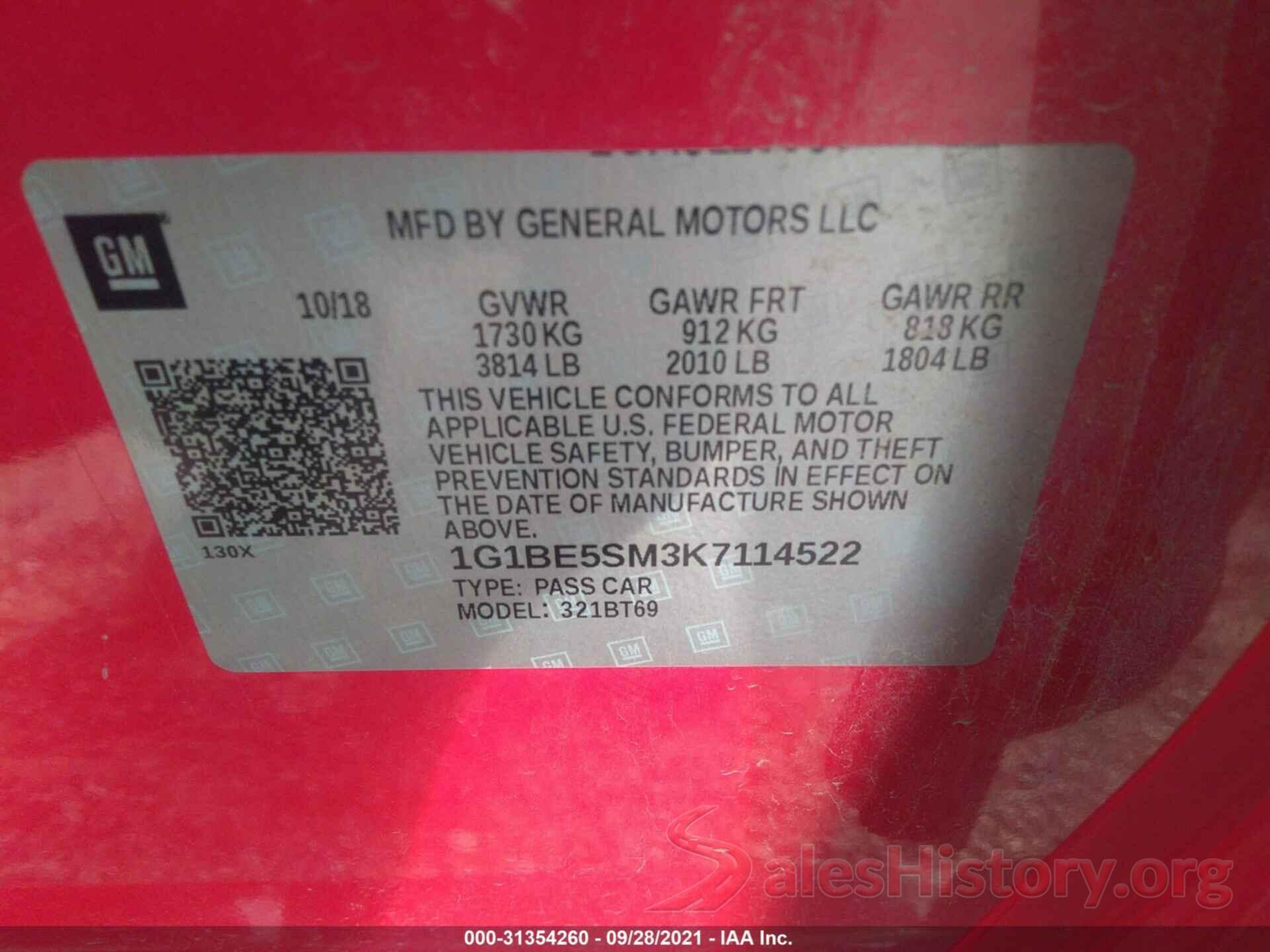 1G1BE5SM3K7114522 2019 CHEVROLET CRUZE