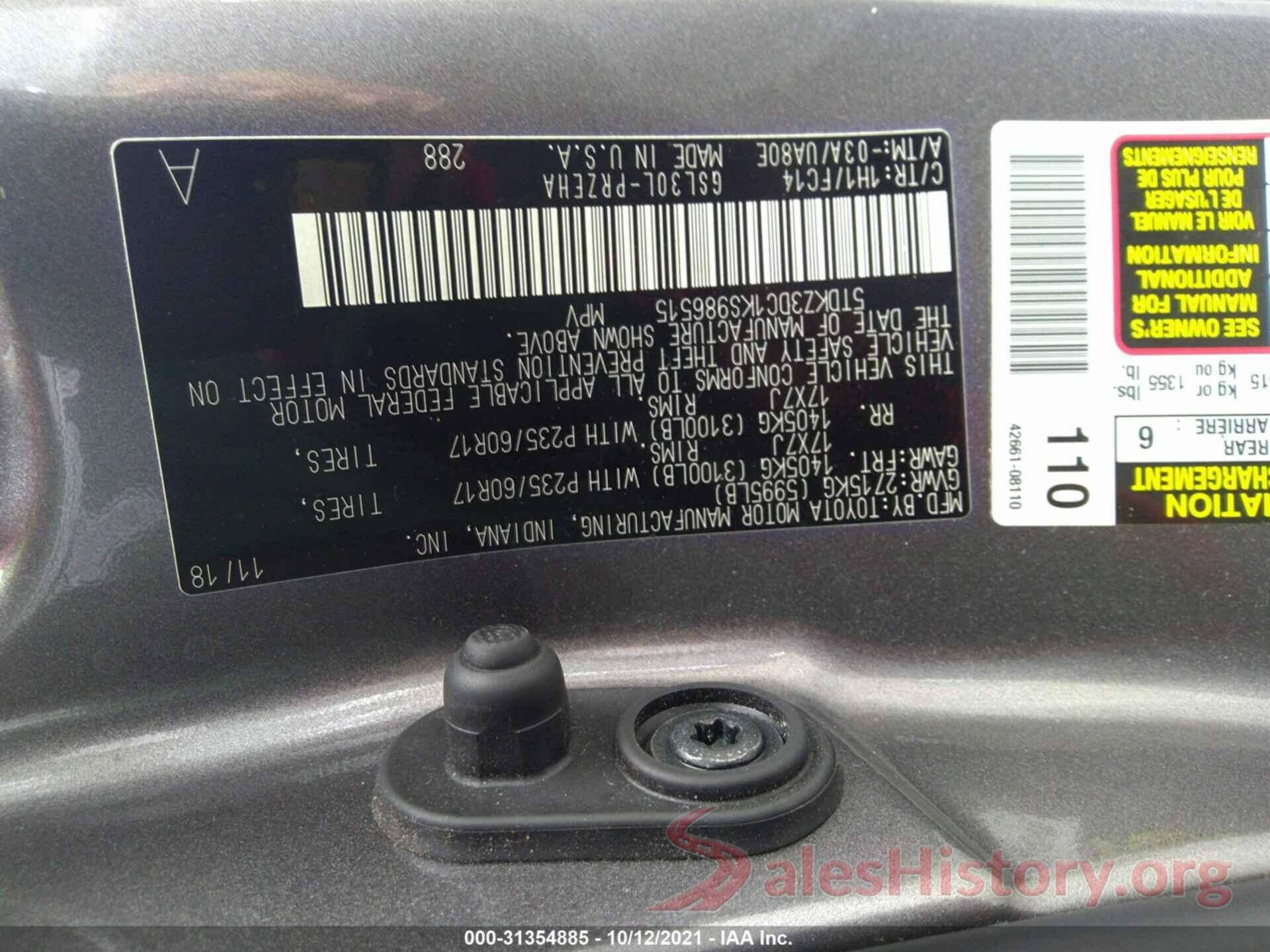 5TDKZ3DC1KS986515 2019 TOYOTA SIENNA