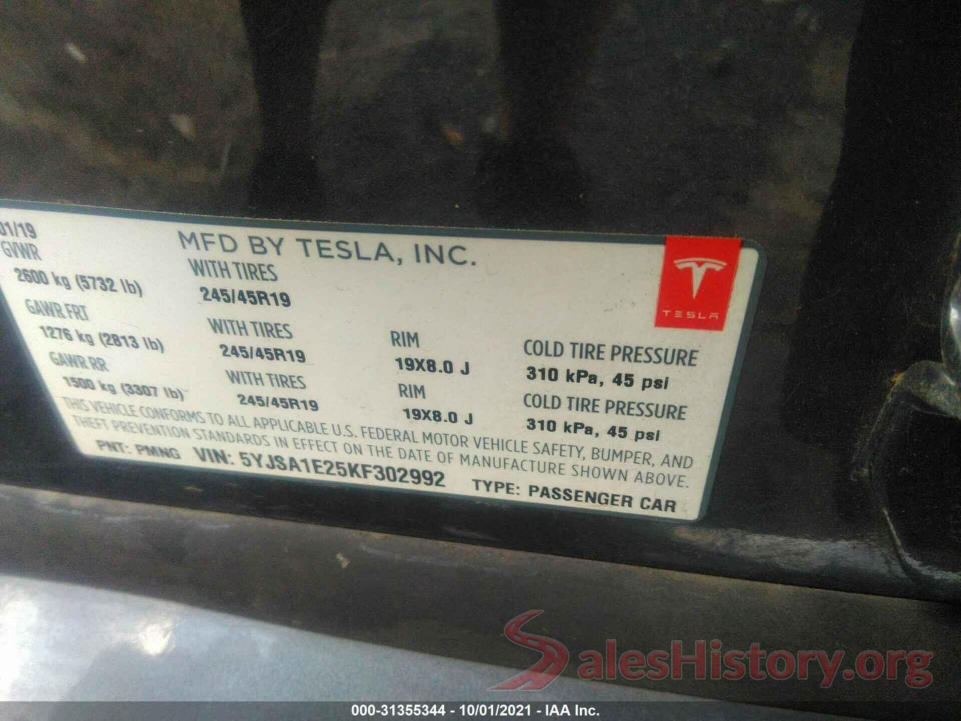 5YJSA1E25KF302992 2019 TESLA MODEL S