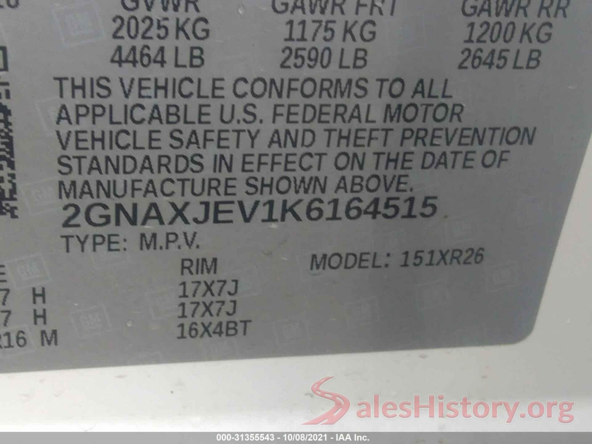 2GNAXJEV1K6164515 2019 CHEVROLET EQUINOX