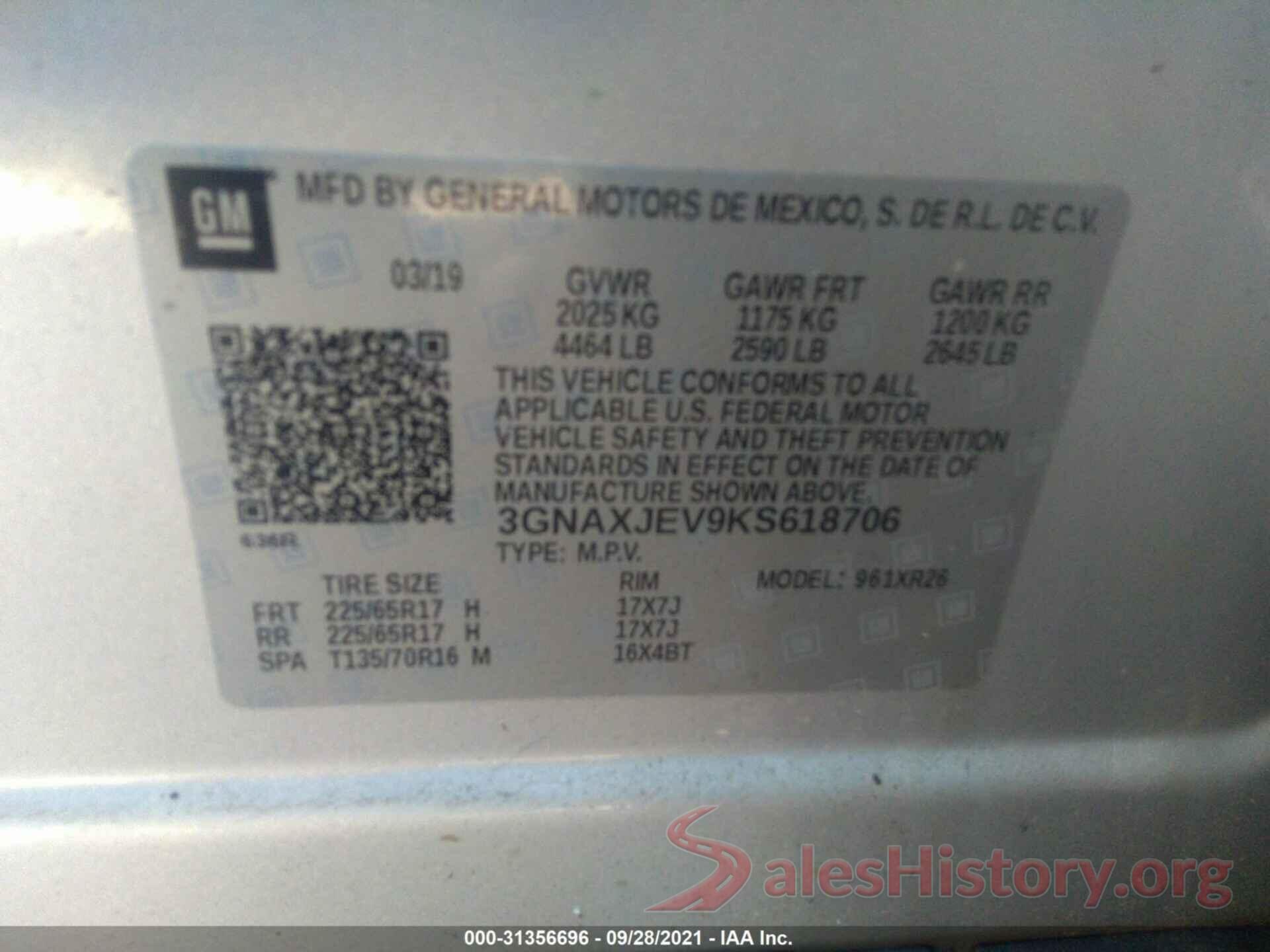 3GNAXJEV9KS618706 2019 CHEVROLET EQUINOX