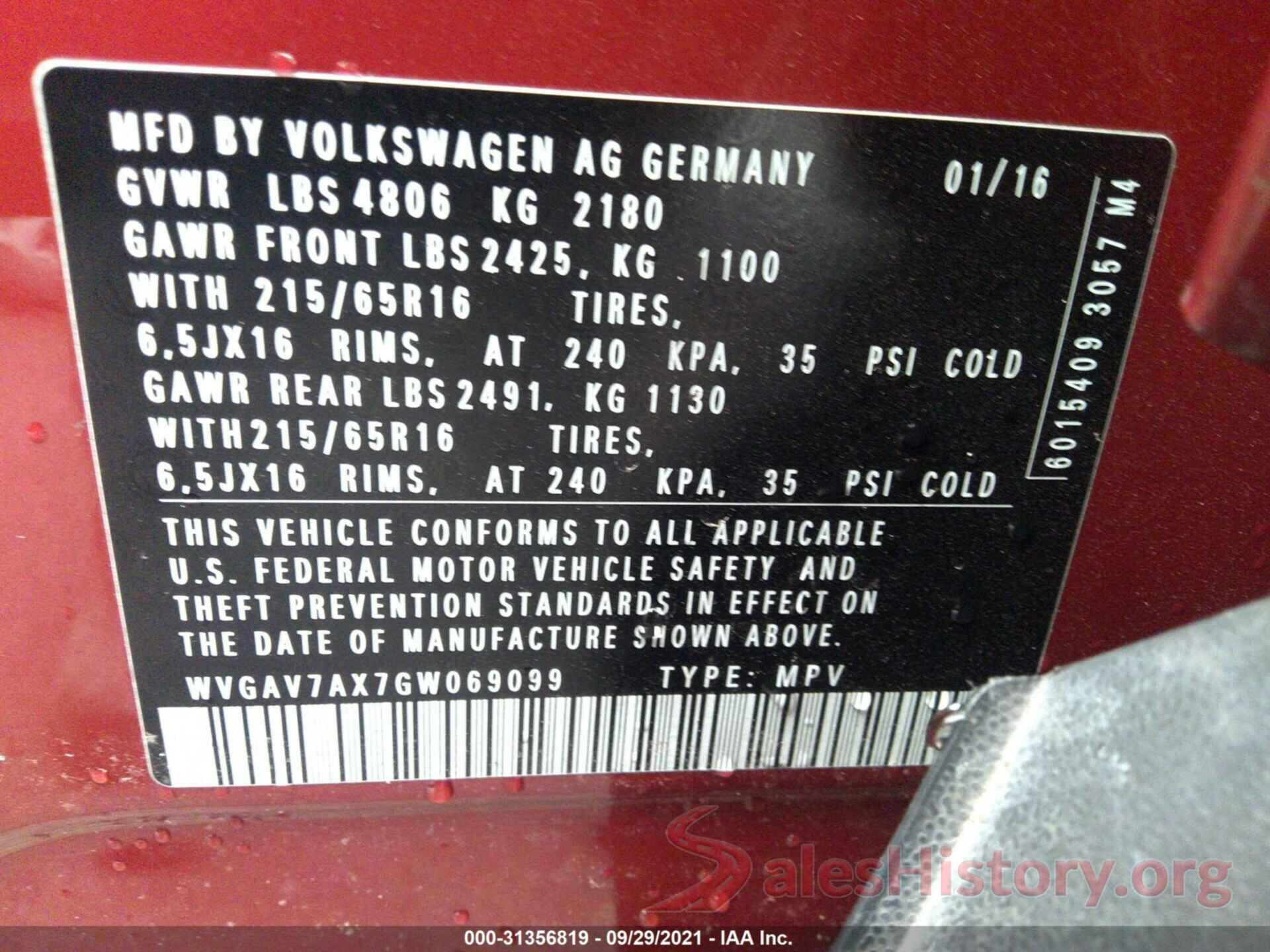 WVGAV7AX7GW069099 2016 VOLKSWAGEN TIGUAN