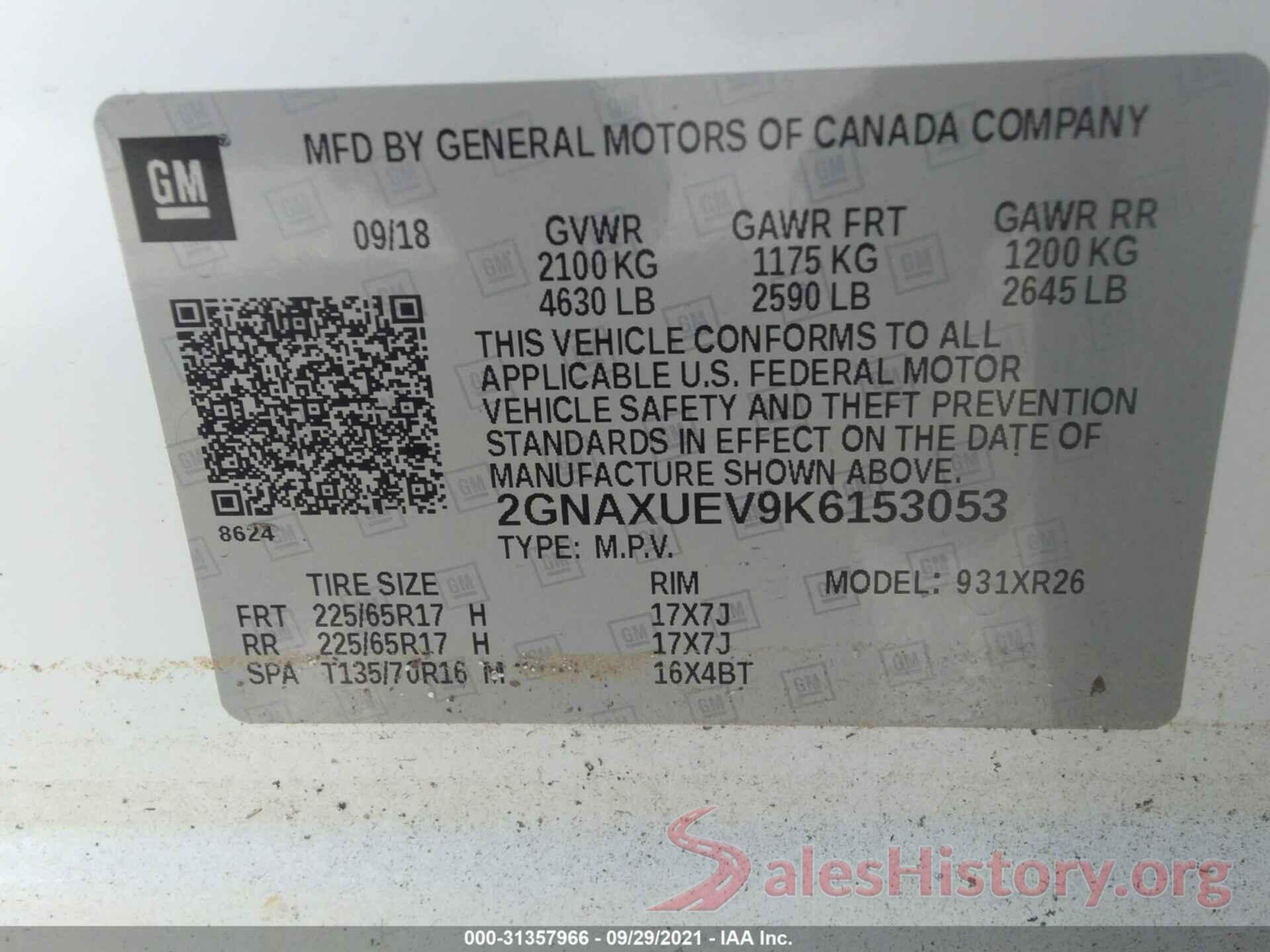 2GNAXUEV9K6153053 2019 CHEVROLET EQUINOX