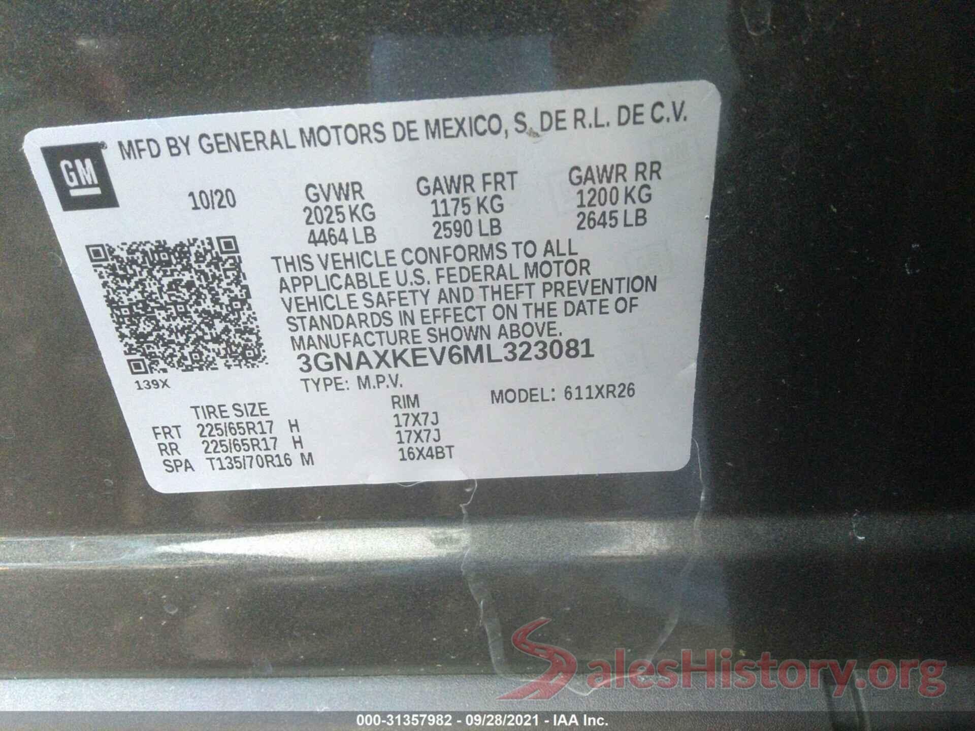 3GNAXKEV6ML323081 2021 CHEVROLET EQUINOX