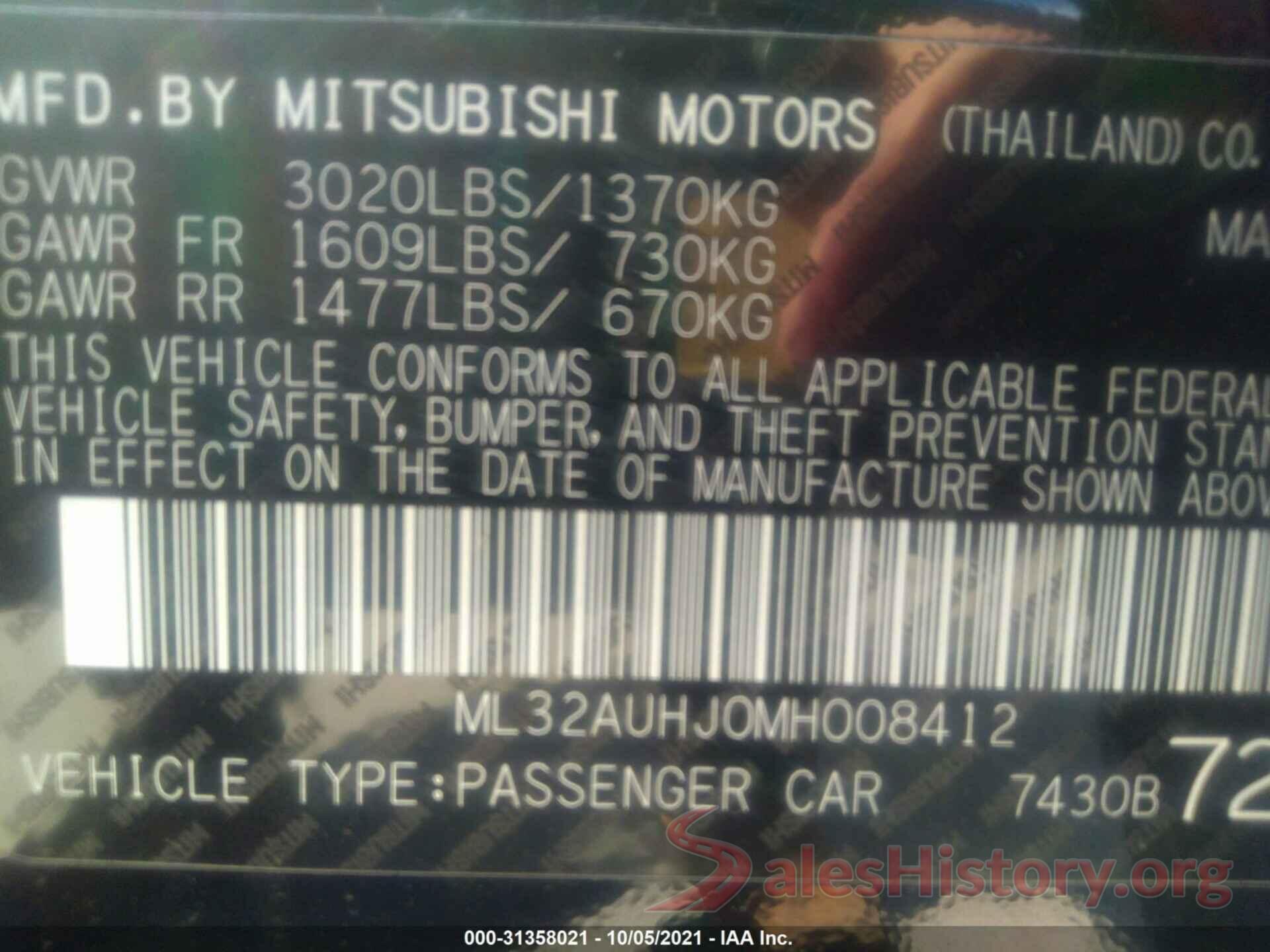 ML32AUHJ0MH008412 2021 MITSUBISHI MIRAGE