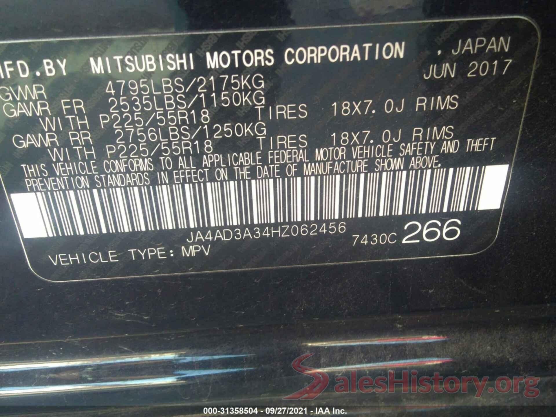 JA4AD3A34HZ062456 2017 MITSUBISHI OUTLANDER