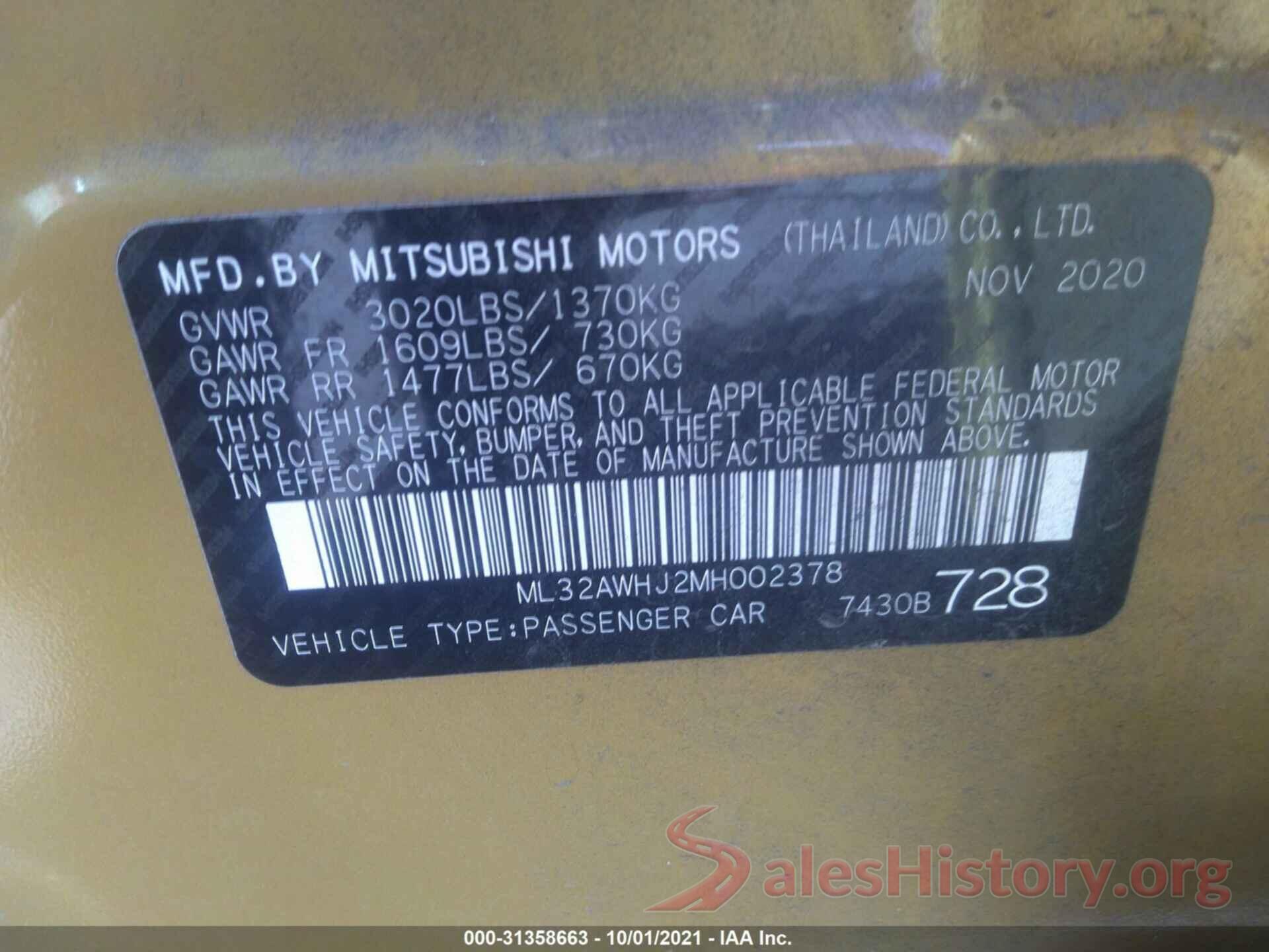 ML32AWHJ2MH002378 2021 MITSUBISHI MIRAGE