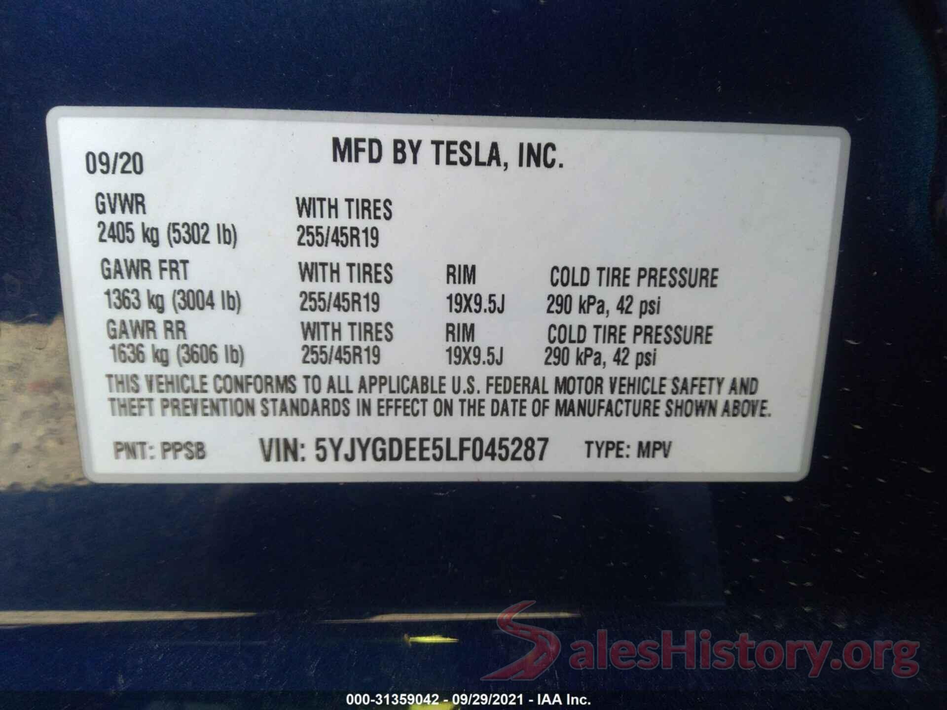 5YJYGDEE5LF045287 2020 TESLA MODEL Y