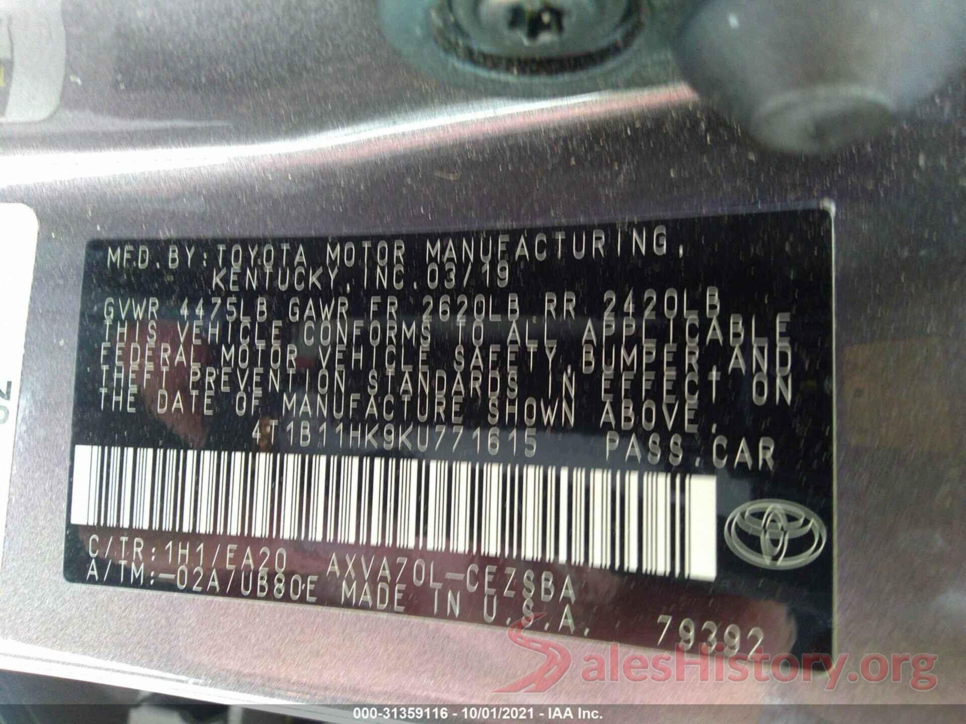 4T1B11HK9KU771615 2019 TOYOTA CAMRY