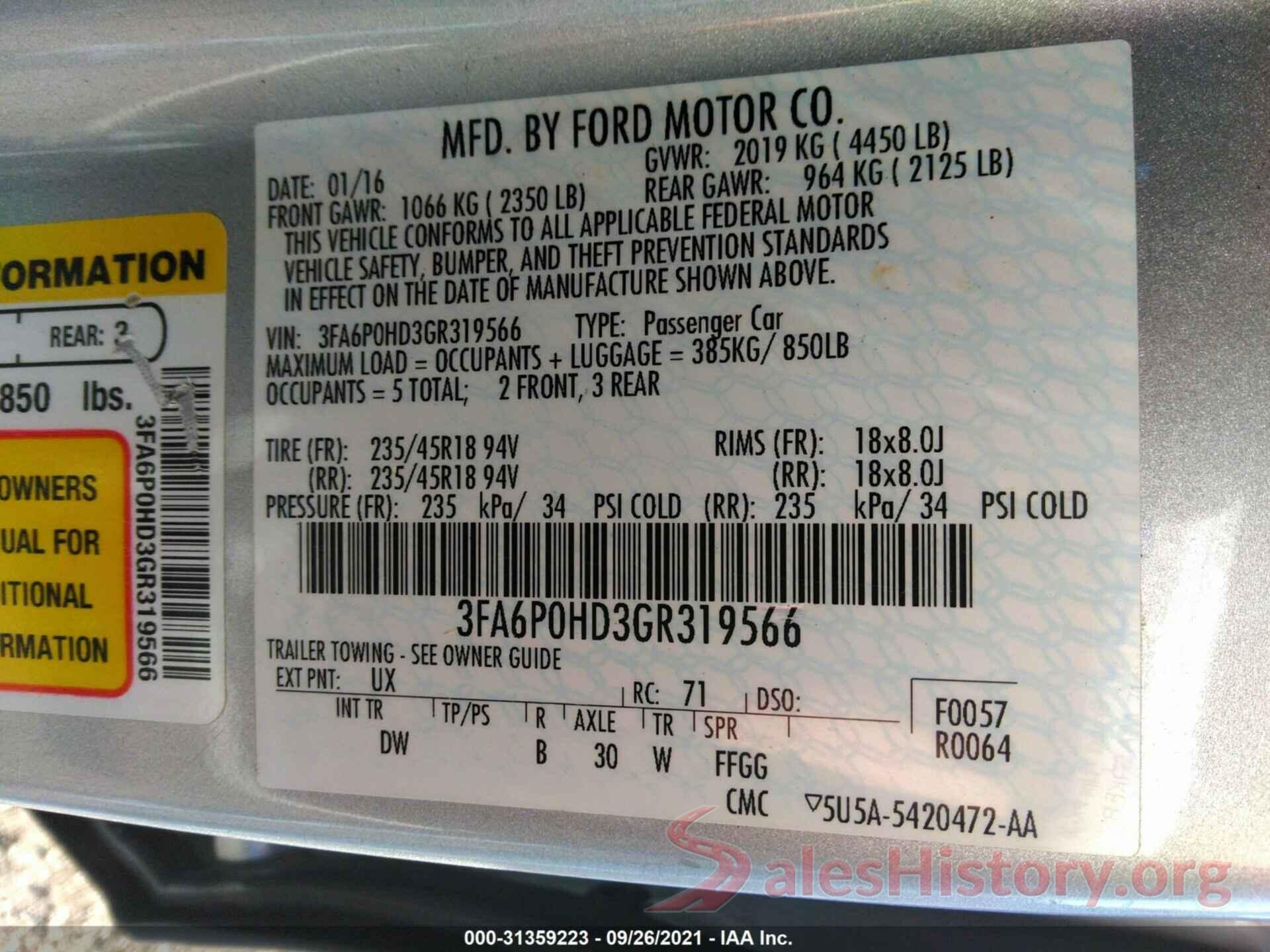 3FA6P0HD3GR319566 2016 FORD FUSION