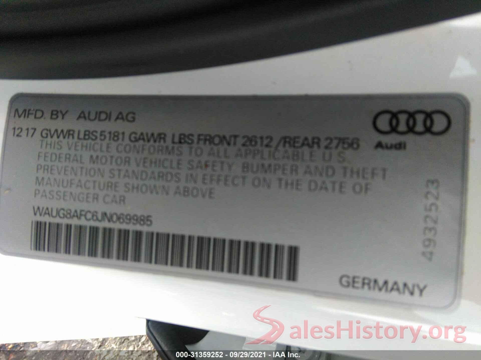 WAUG8AFC6JN069985 2018 AUDI A6