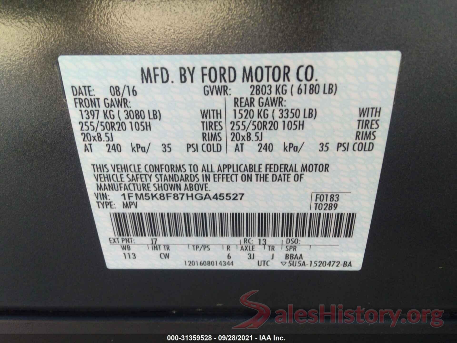 1FM5K8F87HGA45527 2017 FORD EXPLORER