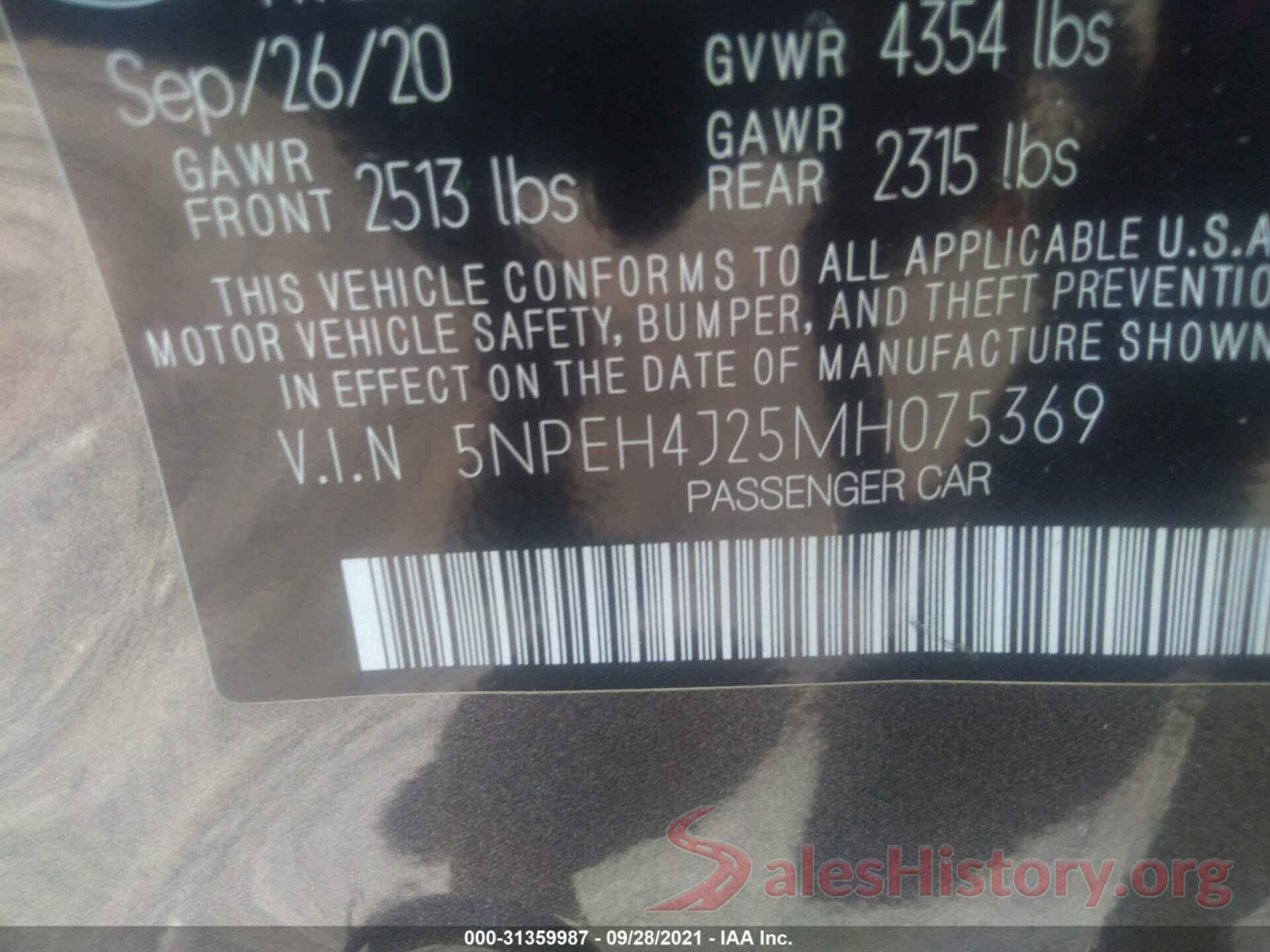 5NPEH4J25MH075369 2021 HYUNDAI SONATA