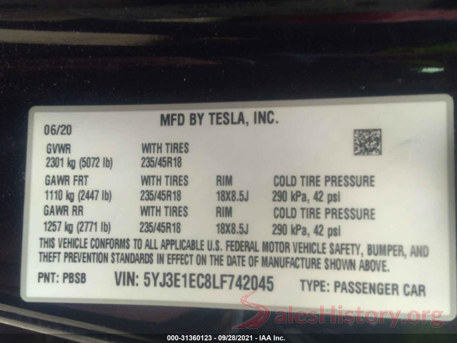 5YJ3E1EC8LF742045 2020 TESLA MODEL 3