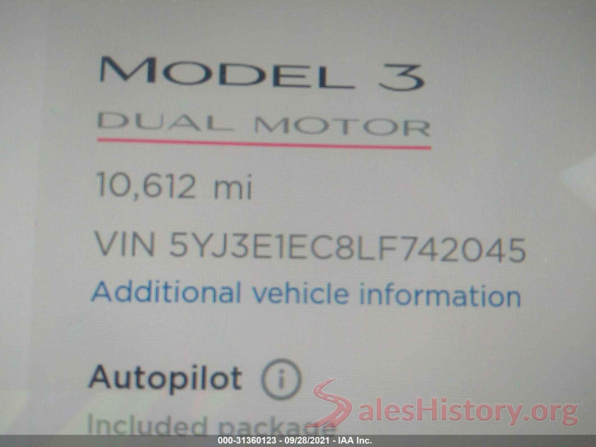 5YJ3E1EC8LF742045 2020 TESLA MODEL 3