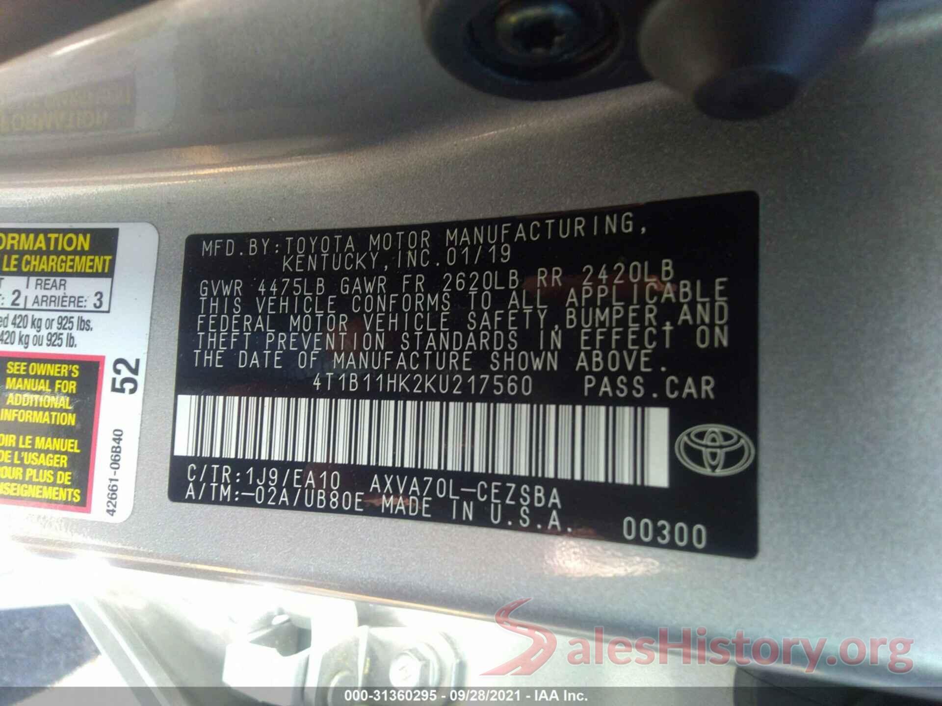 4T1B11HK2KU217560 2019 TOYOTA CAMRY