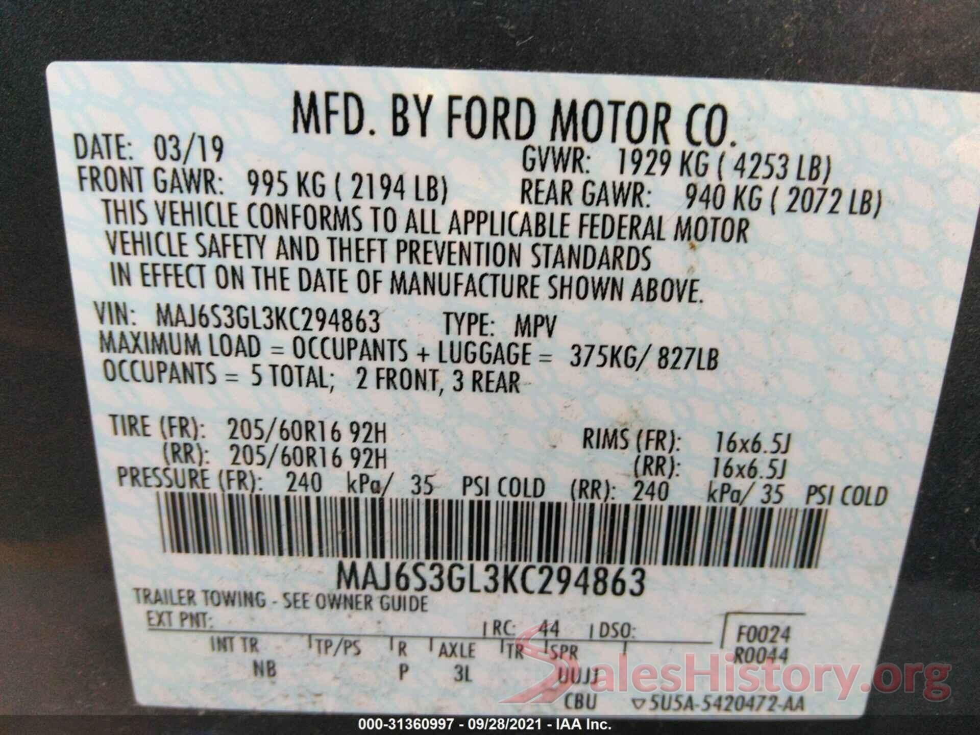 MAJ6S3GL3KC294863 2019 FORD ECOSPORT