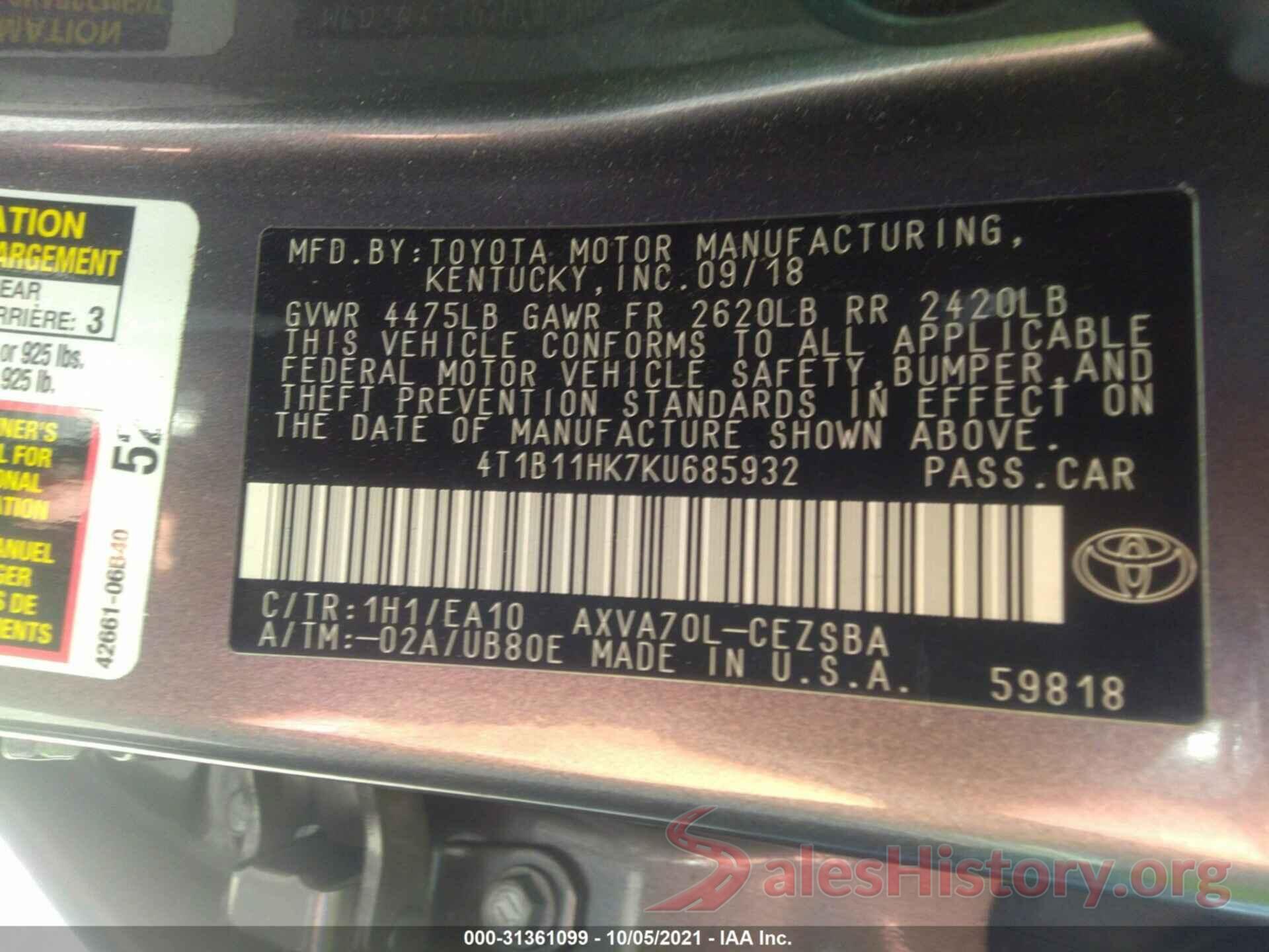 4T1B11HK7KU685932 2019 TOYOTA CAMRY