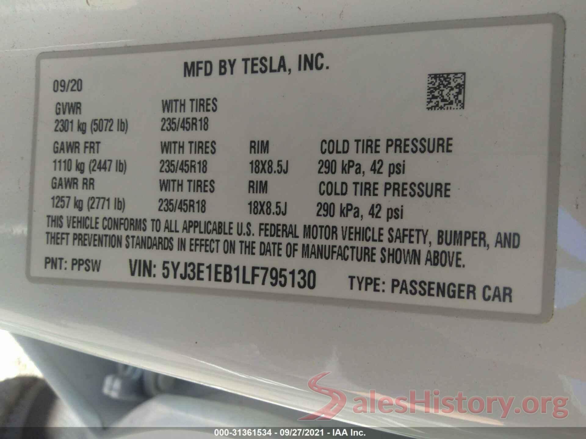 5YJ3E1EB1LF795130 2020 TESLA MODEL 3