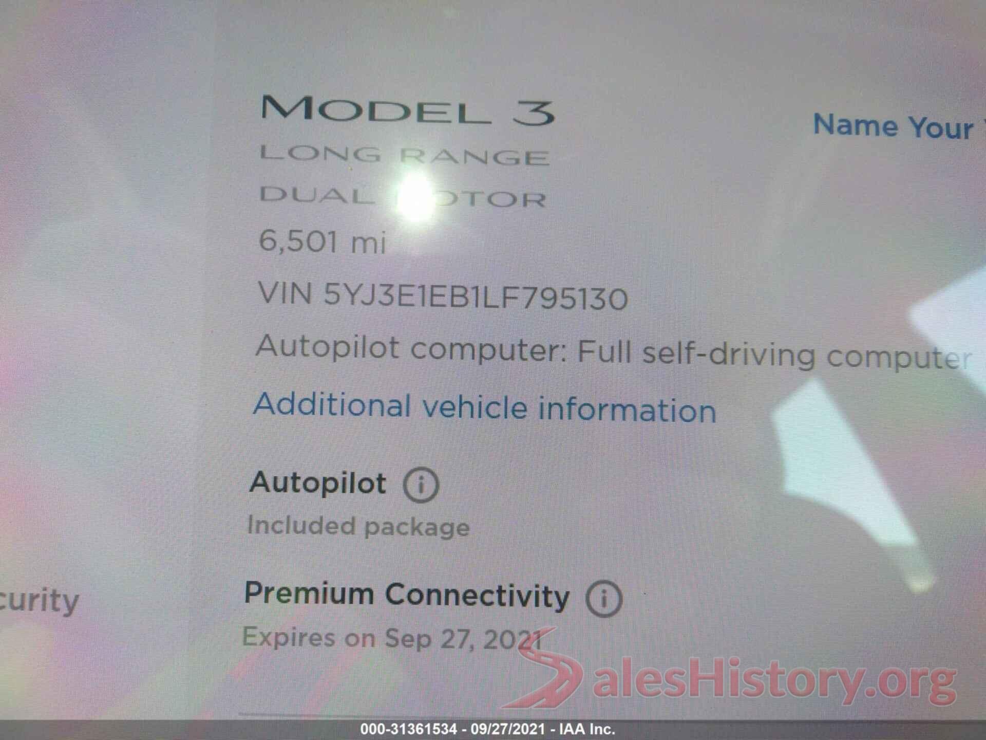 5YJ3E1EB1LF795130 2020 TESLA MODEL 3