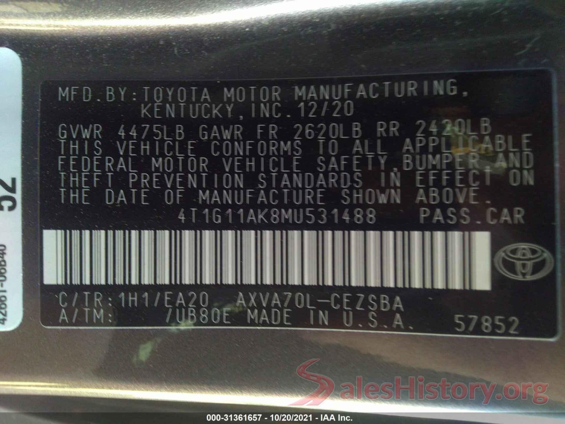 4T1G11AK8MU531488 2021 TOYOTA CAMRY