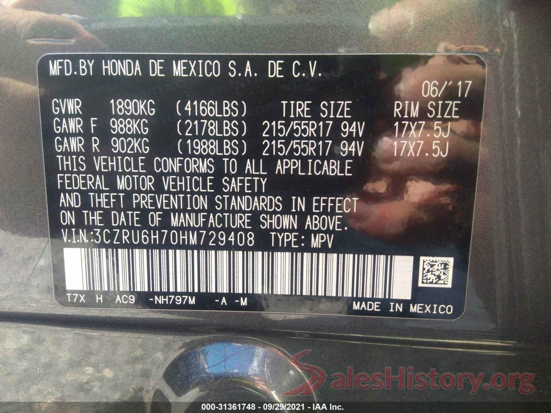 3CZRU6H70HM729408 2017 HONDA HR-V