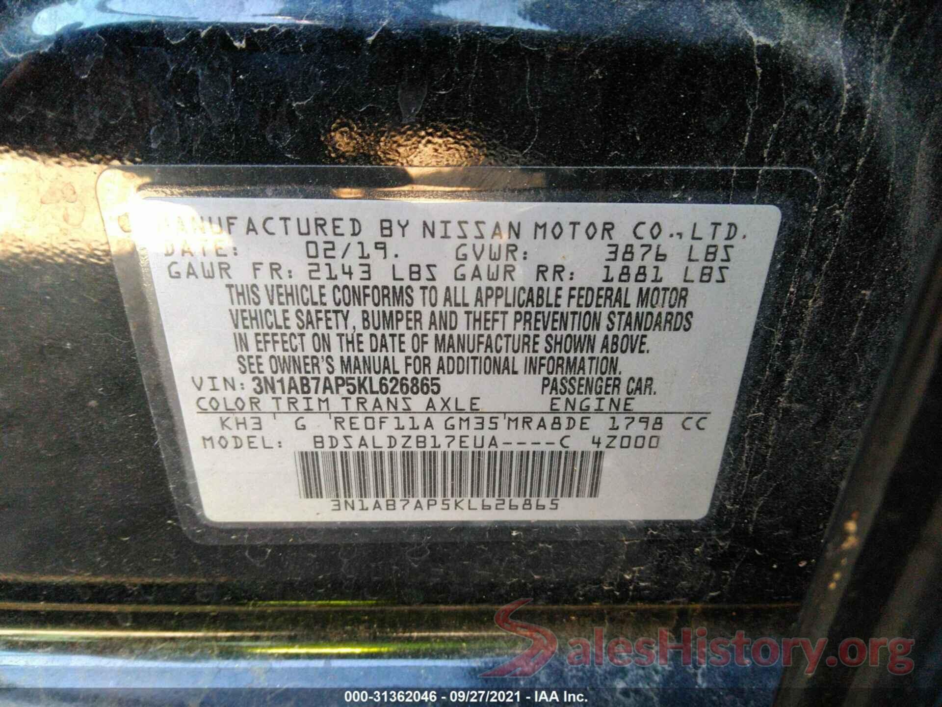 3N1AB7AP5KL626865 2019 NISSAN SENTRA