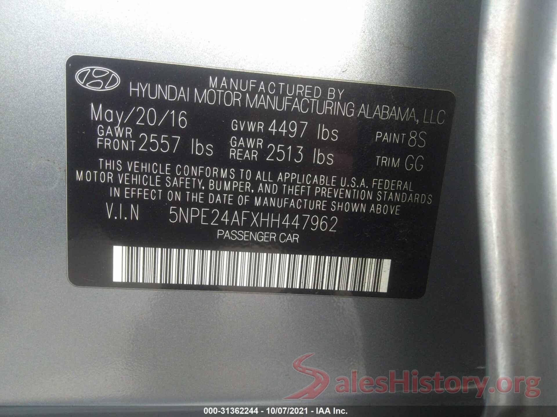 5NPE24AFXHH447962 2017 HYUNDAI SONATA