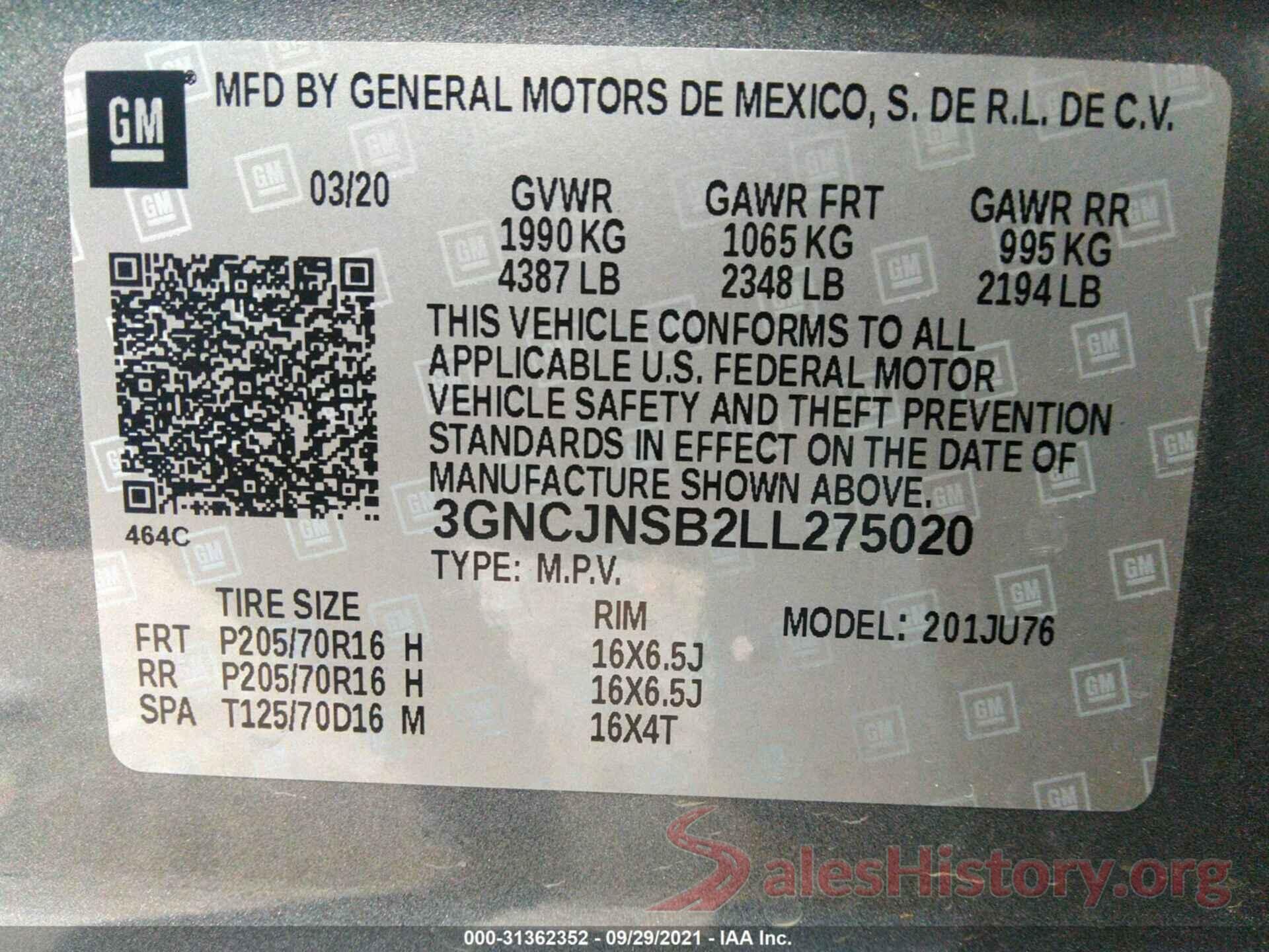 3GNCJNSB2LL275020 2020 CHEVROLET TRAX