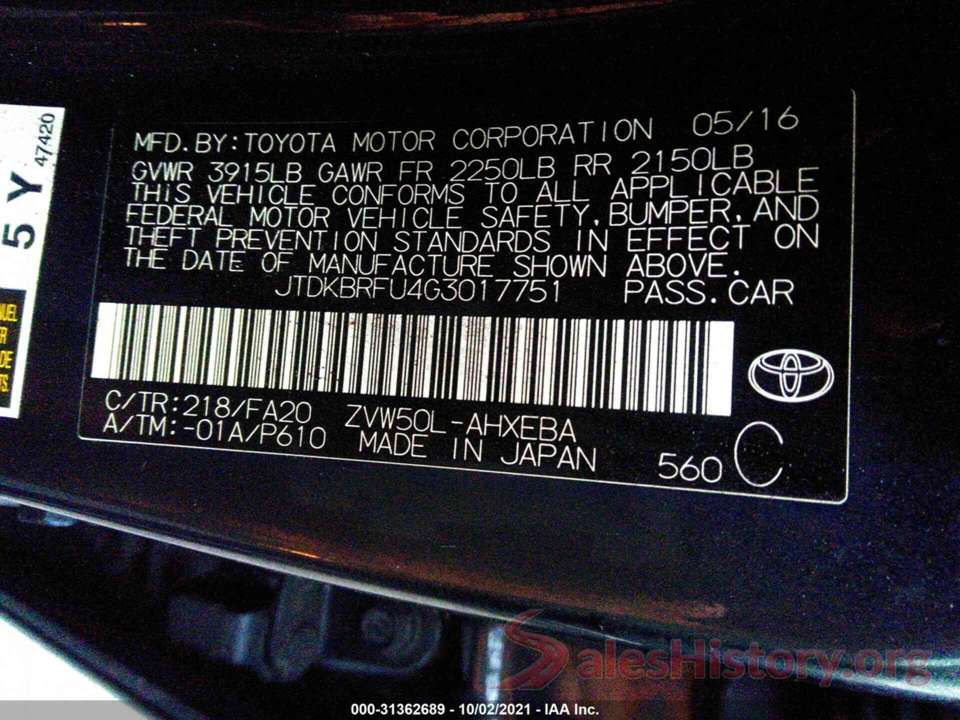 JTDKBRFU4G3017751 2016 TOYOTA PRIUS