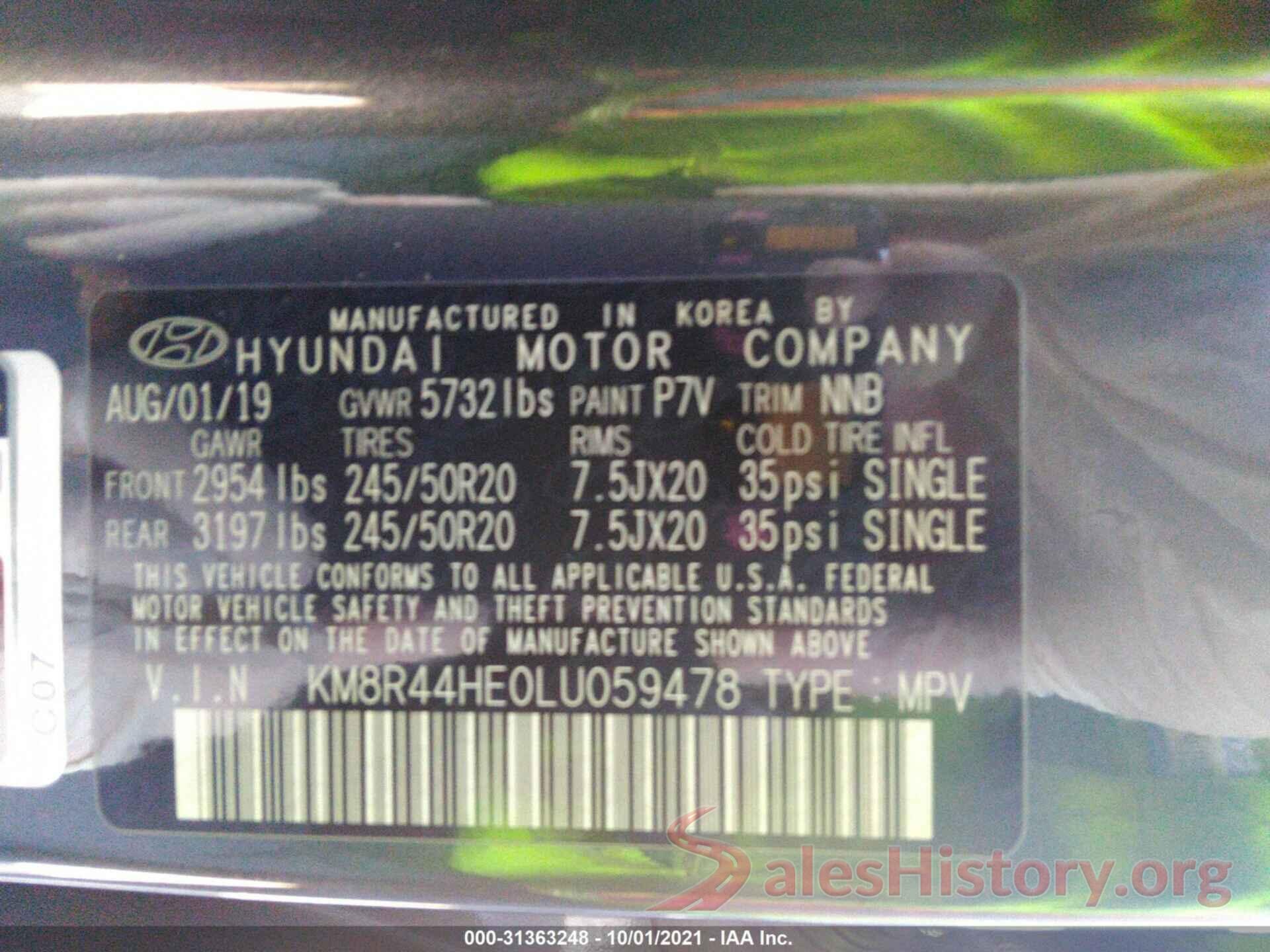 KM8R44HE0LU059478 2020 HYUNDAI PALISADE